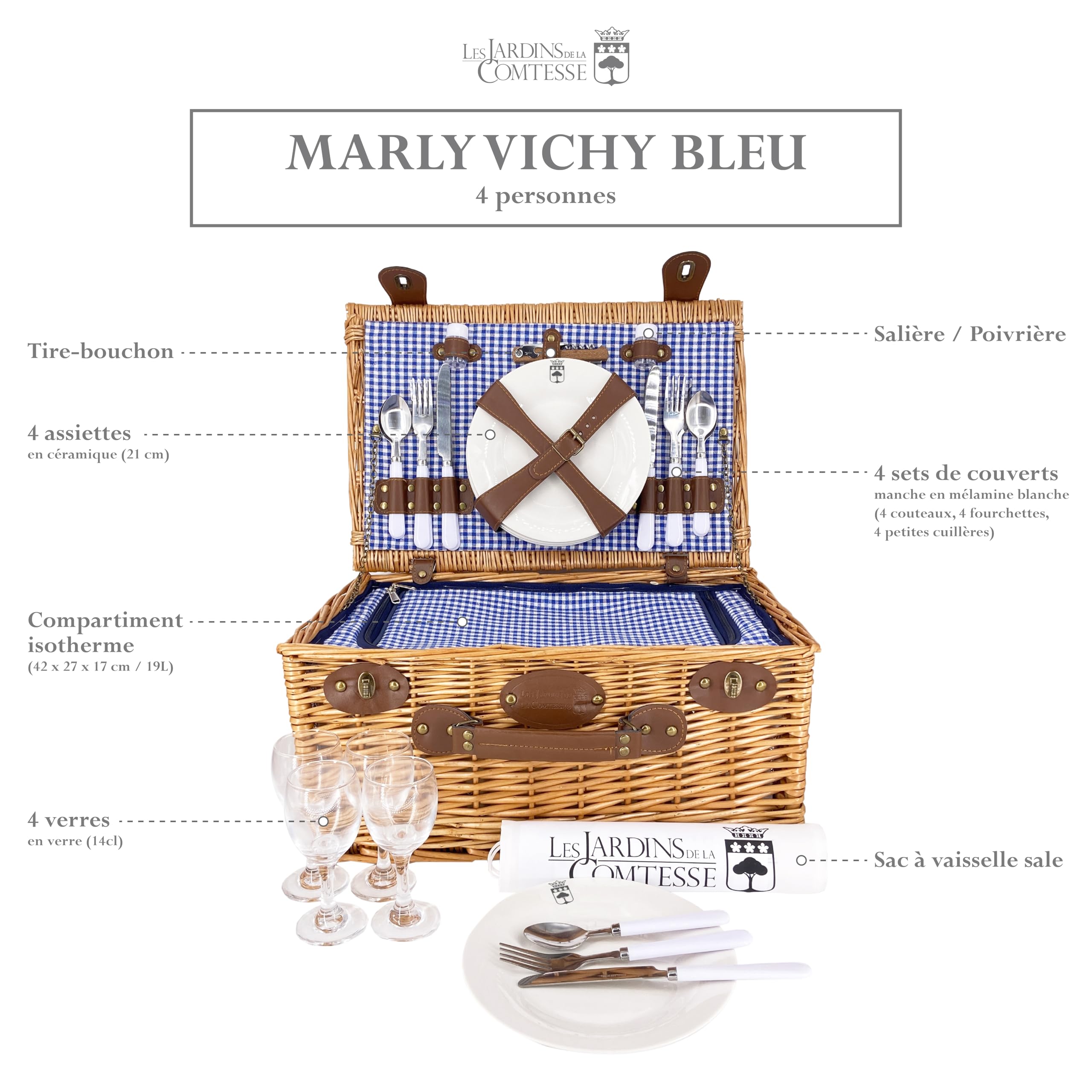 Les Jardins de la Comtesse Marly Blue Gingham Picnic Basket Set for 4 - Includes Insulated Cooler Compartment, Ceramic Plates & Wine Glasses (46 x 31 x 20 cm) - Perfect for Outdoor Dining, Beach Picnics & Romantic Getaways