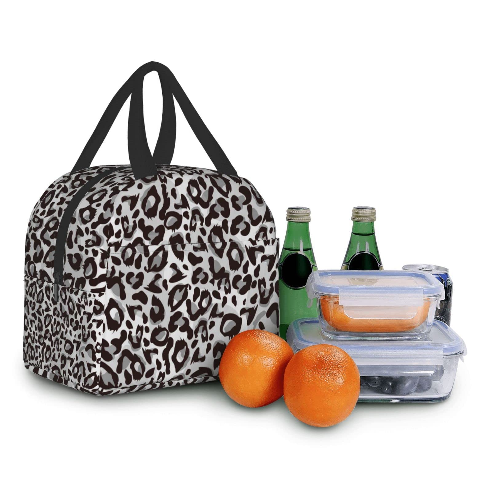 Insulated Lunch Box Grey Leopard Print - Reusable Thermal Lunch Bag for Men & Women | Portable Meal Container for Work, Travel, Picnic & Outdoor Activities