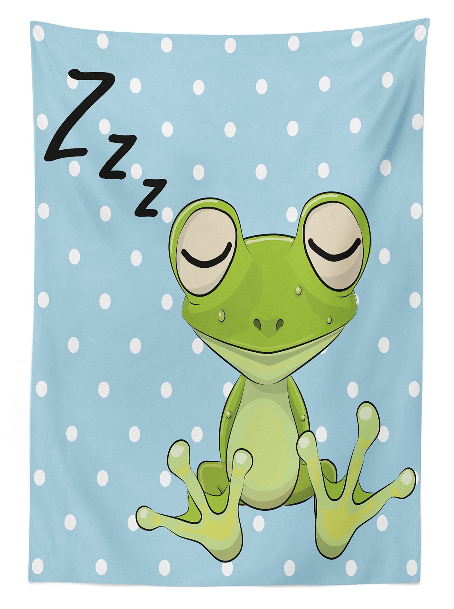 Ambesonne Cartoon Outdoor Tablecloth - Sleeping Prince Frog in Cap with Polka Dot Background, Animal World Design, Waterproof & Washable Picnic Table Cover, 58