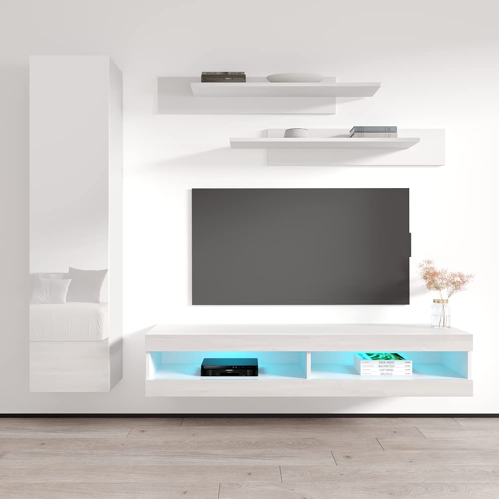 Modern White Floating TV Stand with Storage & LED Lights - Wall-Mounted Entertainment Center for Bedroom & Living Room - Meble Furniture Fly G1 34