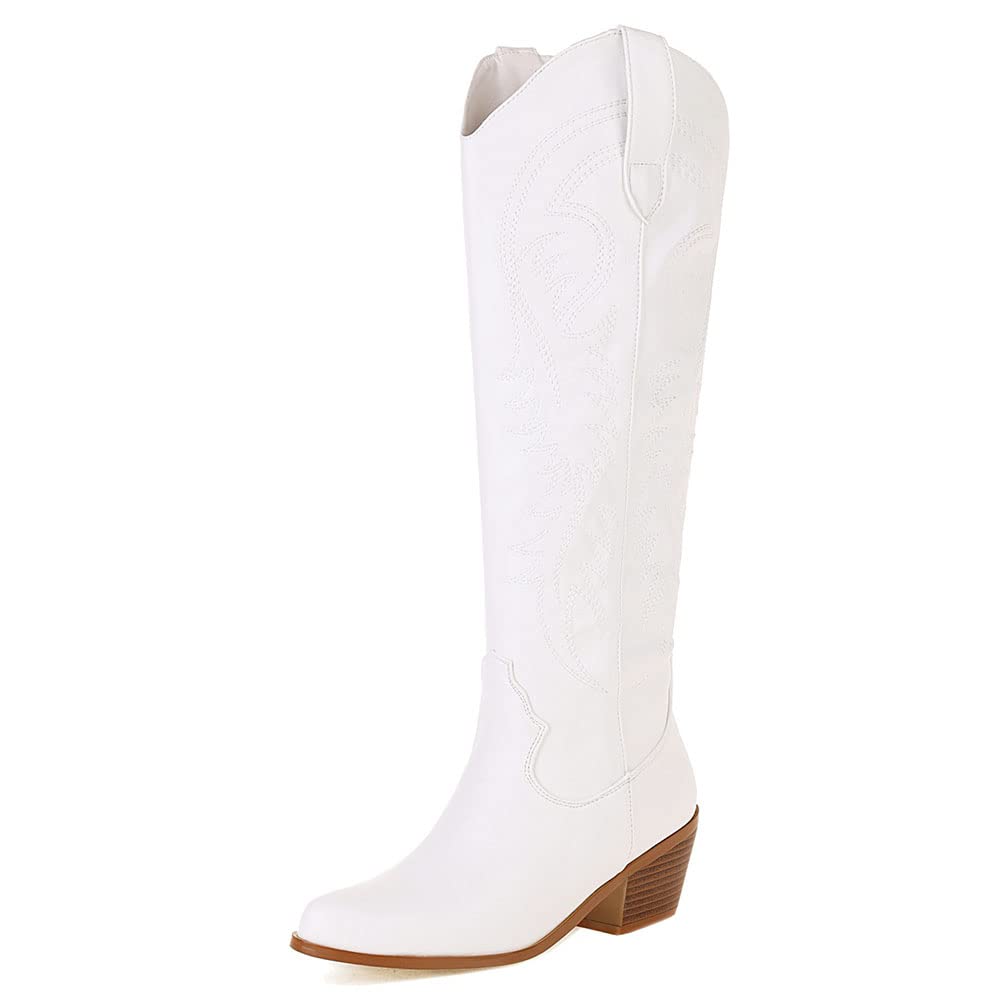 Women's Embroidered Western Cowboy Boots - Knee High Cowgirl Boots with Chunky Heel & Platform - White (Size 32/210mm) - Perfect for Country Dancing, Rodeos & Western Fashion