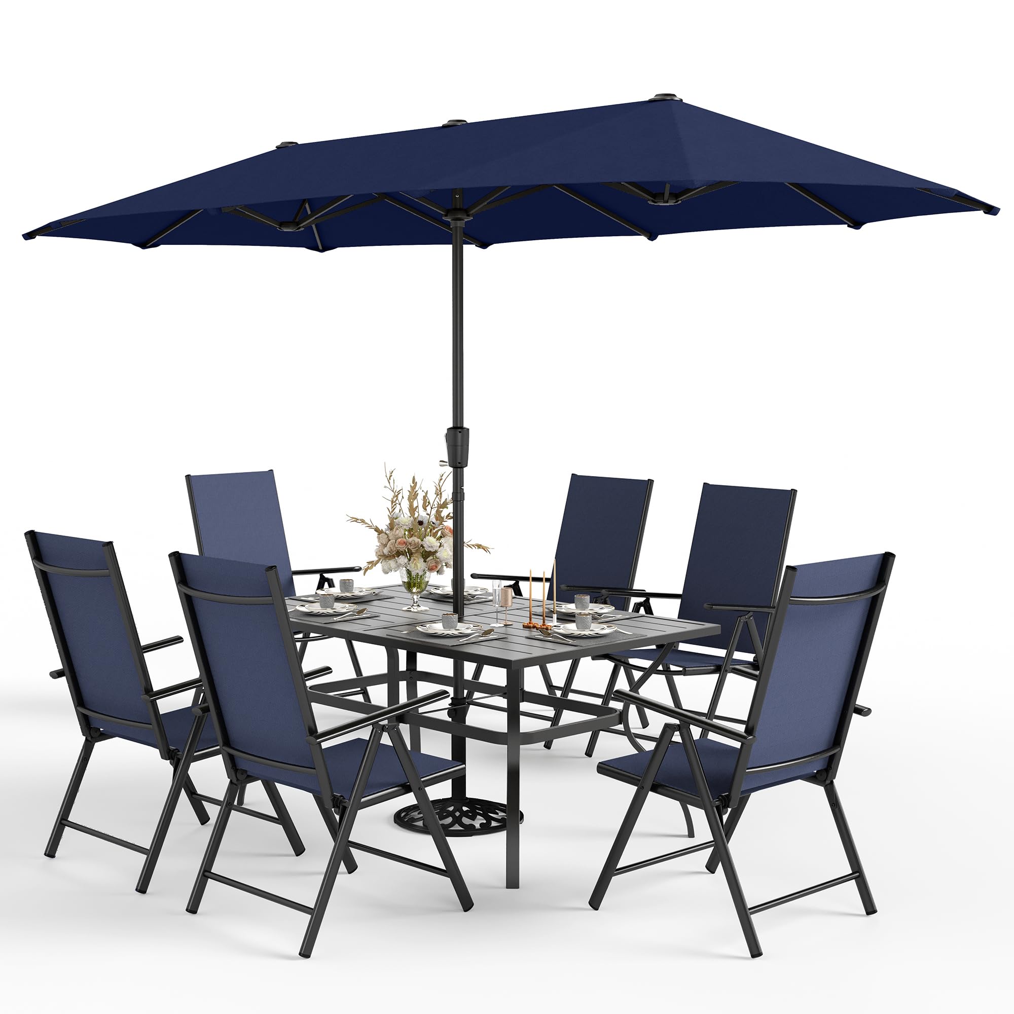 7-Piece Outdoor Patio Dining Set with 13ft Navy Blue Umbrella - 6 Folding Chairs & Rectangular Metal Table - Perfect for Backyard, Garden, Poolside & BBQ Gatherings
