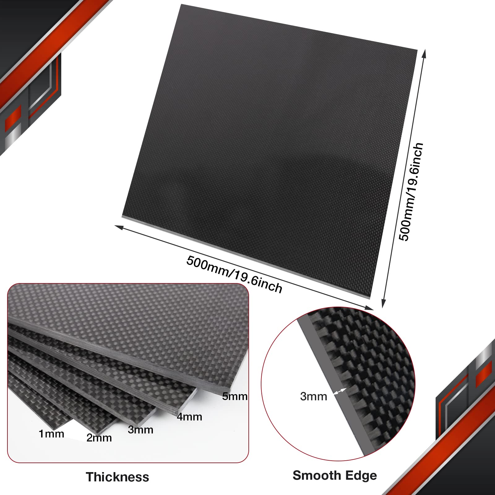 Premium 3K Carbon Fiber Sheet - 500x500mm (1.5mm to 6.0mm Thickness Options) - 100% Plain Weave Laminate Panel with Glossy Finish - Ideal for Automotive, Aerospace & DIY Projects
