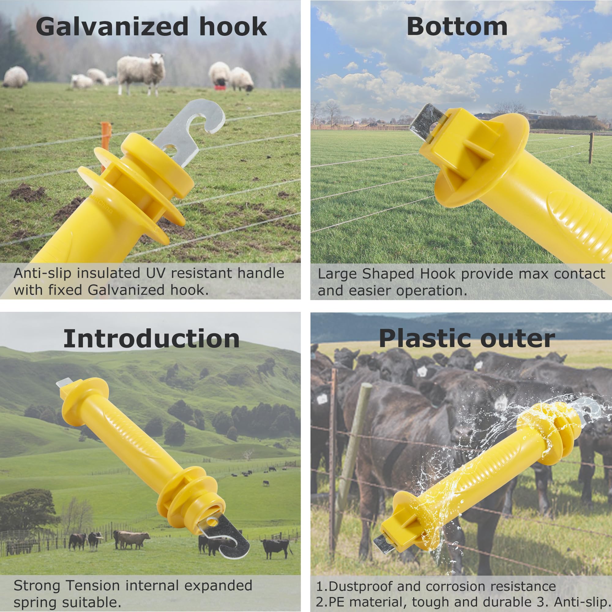 10 Pack Electric Fence Rubber Gate Insulators with Heavy Duty Steel Hooks - Yellow Plastic Spring Handles for Garden & Farm Fencing - Perfect for Livestock Control and Property Protection