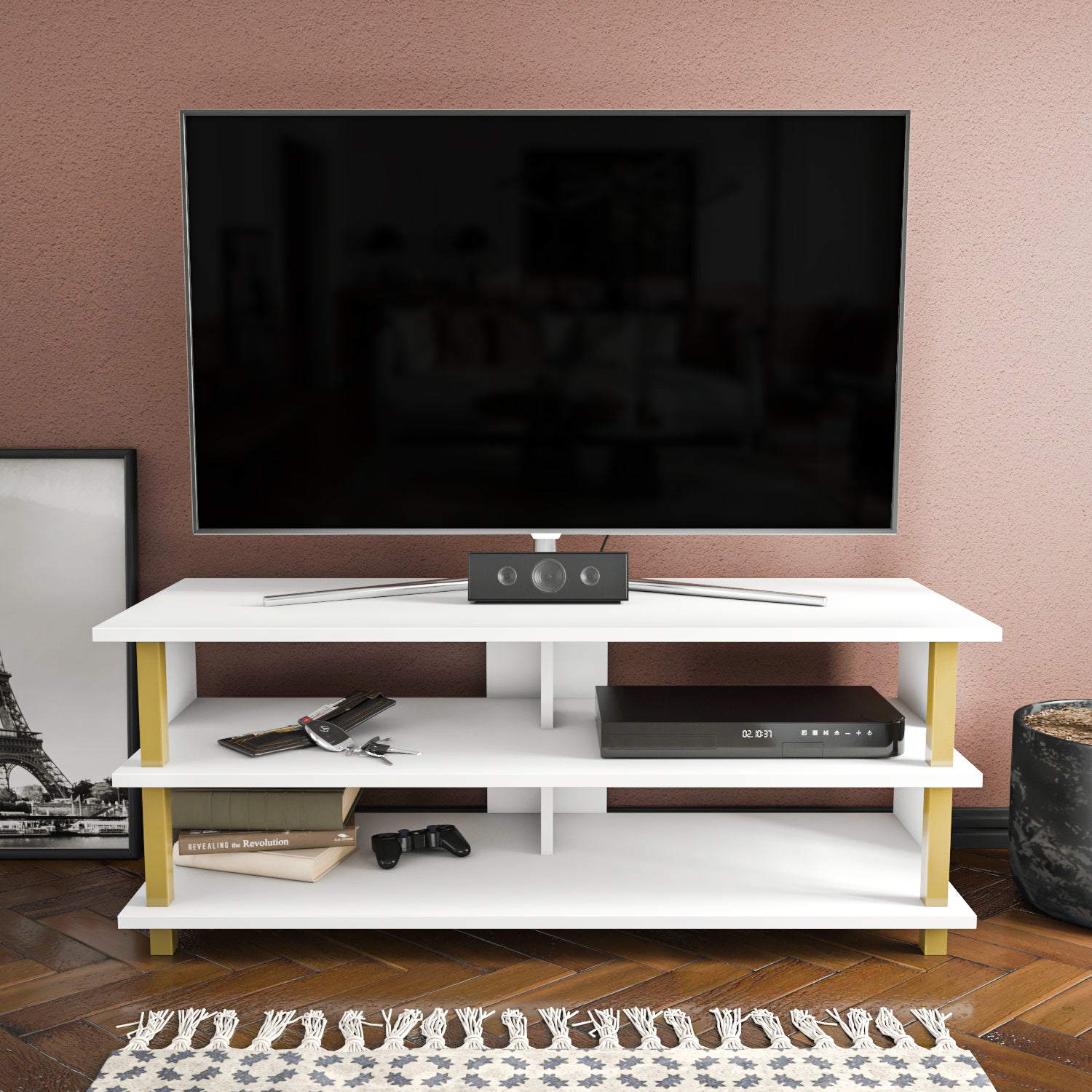Pueblo TV Stand - Modern Wooden Entertainment Center for Living Room, Bedroom, Home Theater - Fits Flat Screen TVs up to 65