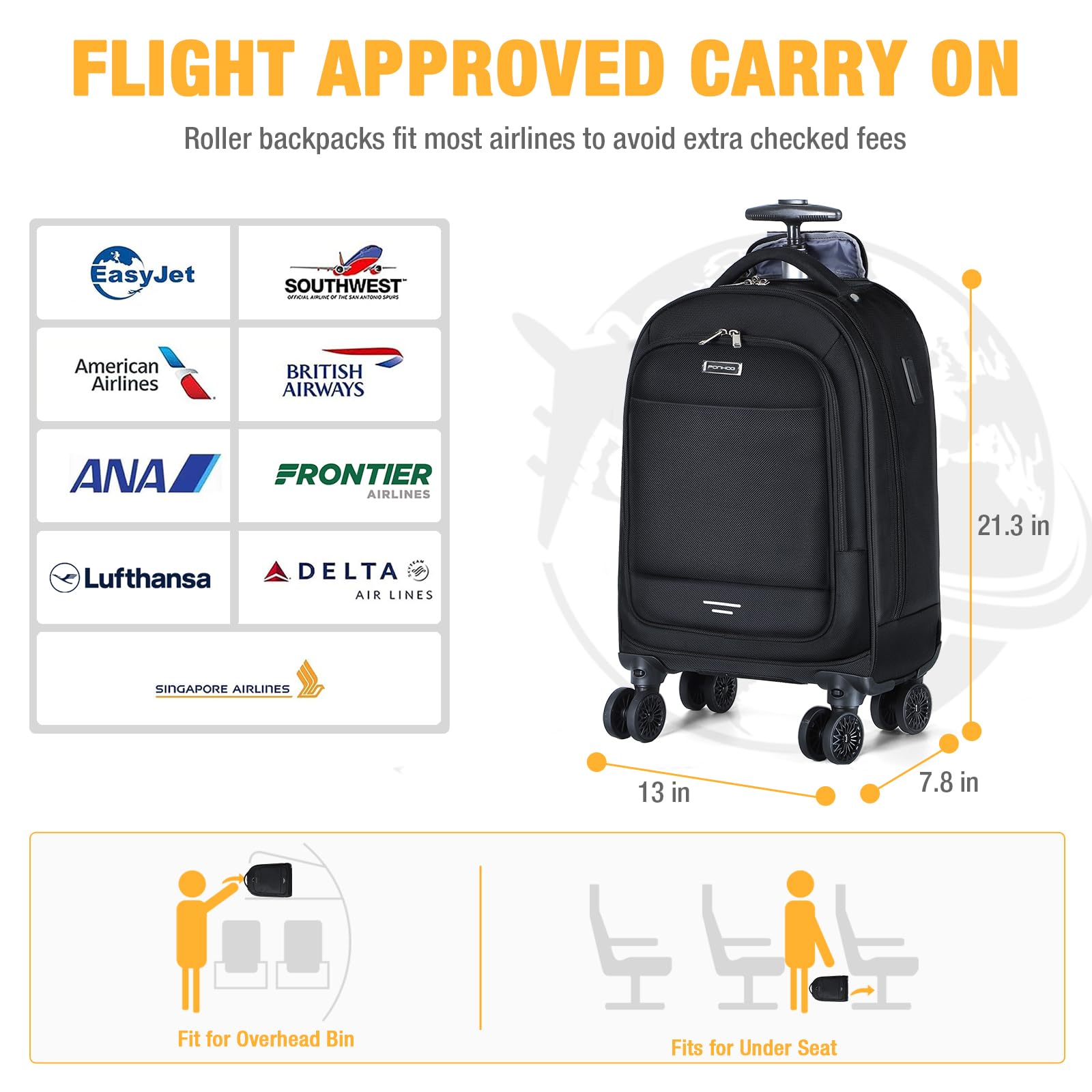 17 Inch Rolling Backpack with 4 Spinner Wheels - Water Resistant Wheeled Laptop Backpack for Travel, College & Work | Carry-On Approved for Overnight Trips | Perfect for Women & Men (Black)
