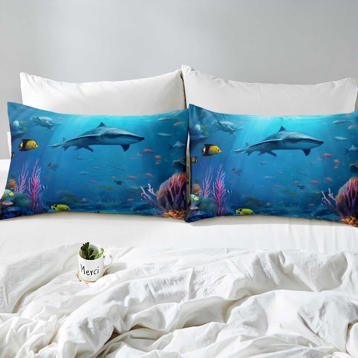**Shark Bedding Set for Kids - Twin Size Blue Hawaiian Duvet Cover, Fish & Turtle Themed Ocean Bedspread | Ultra-Soft Brushed Microfiber Beach Decor Quilt Cover with Ties | Perfect for Boys' & Girls' Bedrooms, Underwater Themed Rooms**