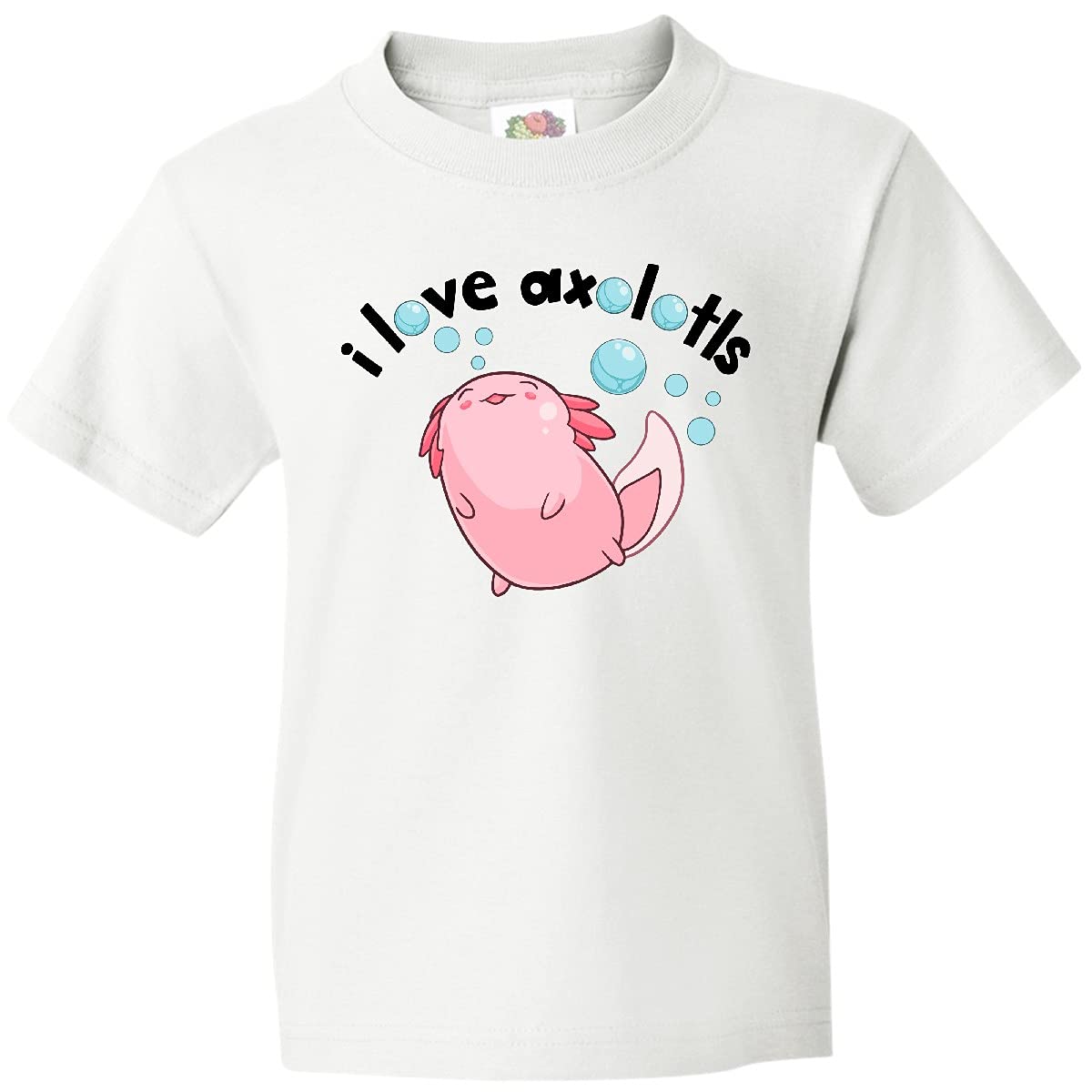Inktastic I Love Axolotls with Bubbles Youth T-Shirt - Cute Axolotl Graphic Tee for Kids - Perfect for School, Playdates & Animal Lovers