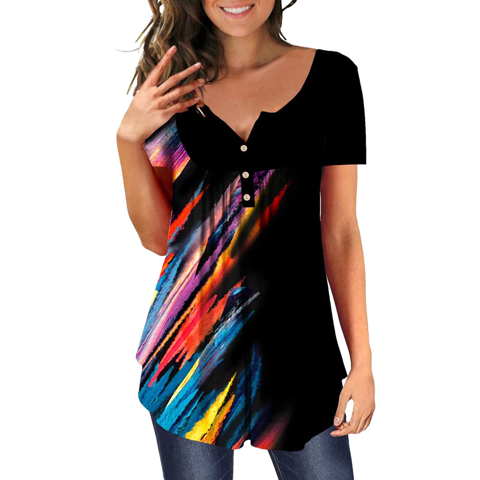 Women's Plus Size Animal Print V-Neck Short Sleeve Button-Up T-Shirt - Gradient Pattern Casual Top for Work, Date Night & Summer Outfits