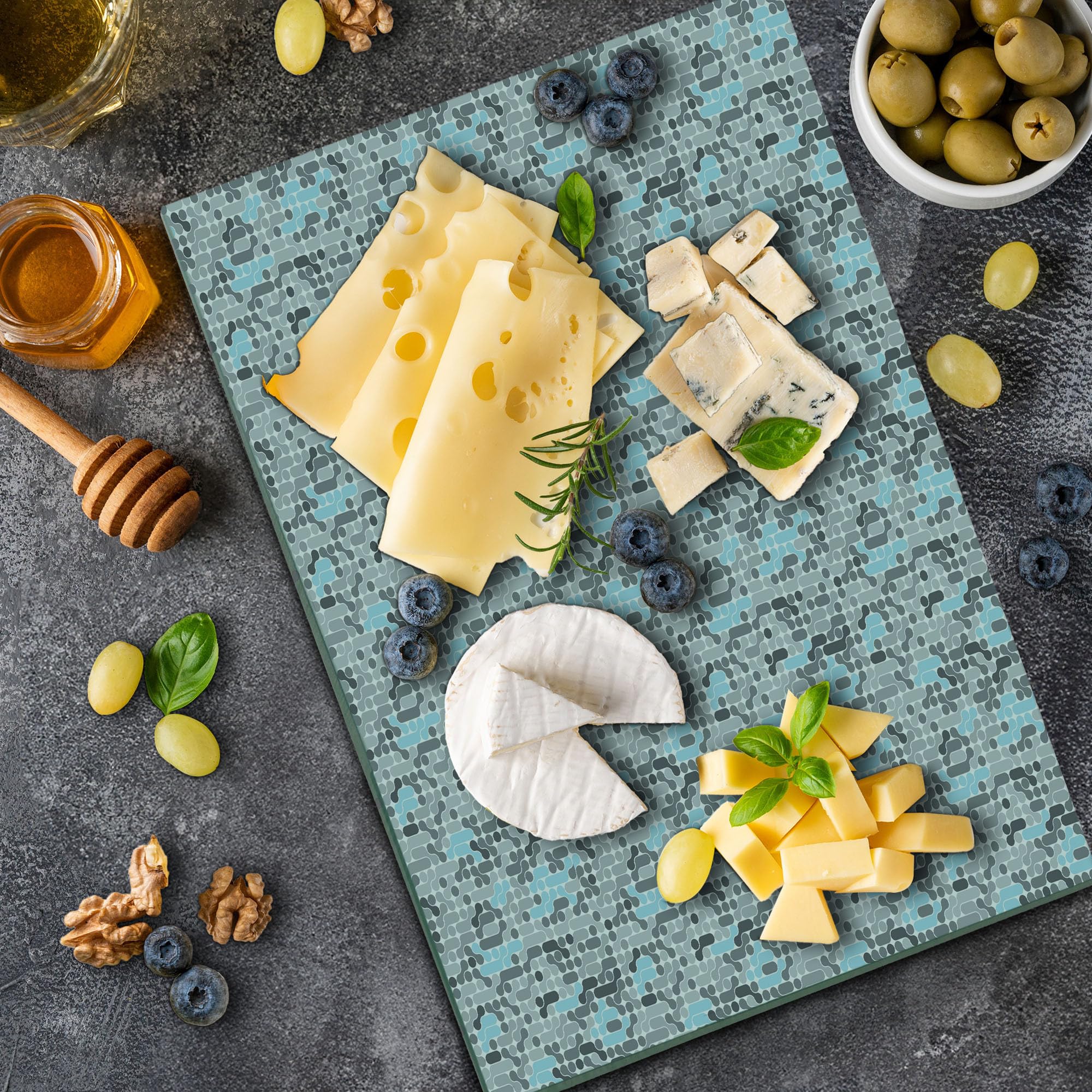 Ambesonne Geometric Cutting Board - Modern Circular Maze Design, Tempered Glass Serving & Display Board - Large Size in Pale Blue & Charcoal Grey - Perfect for Cheese Platters, Charcuterie & Home Decor