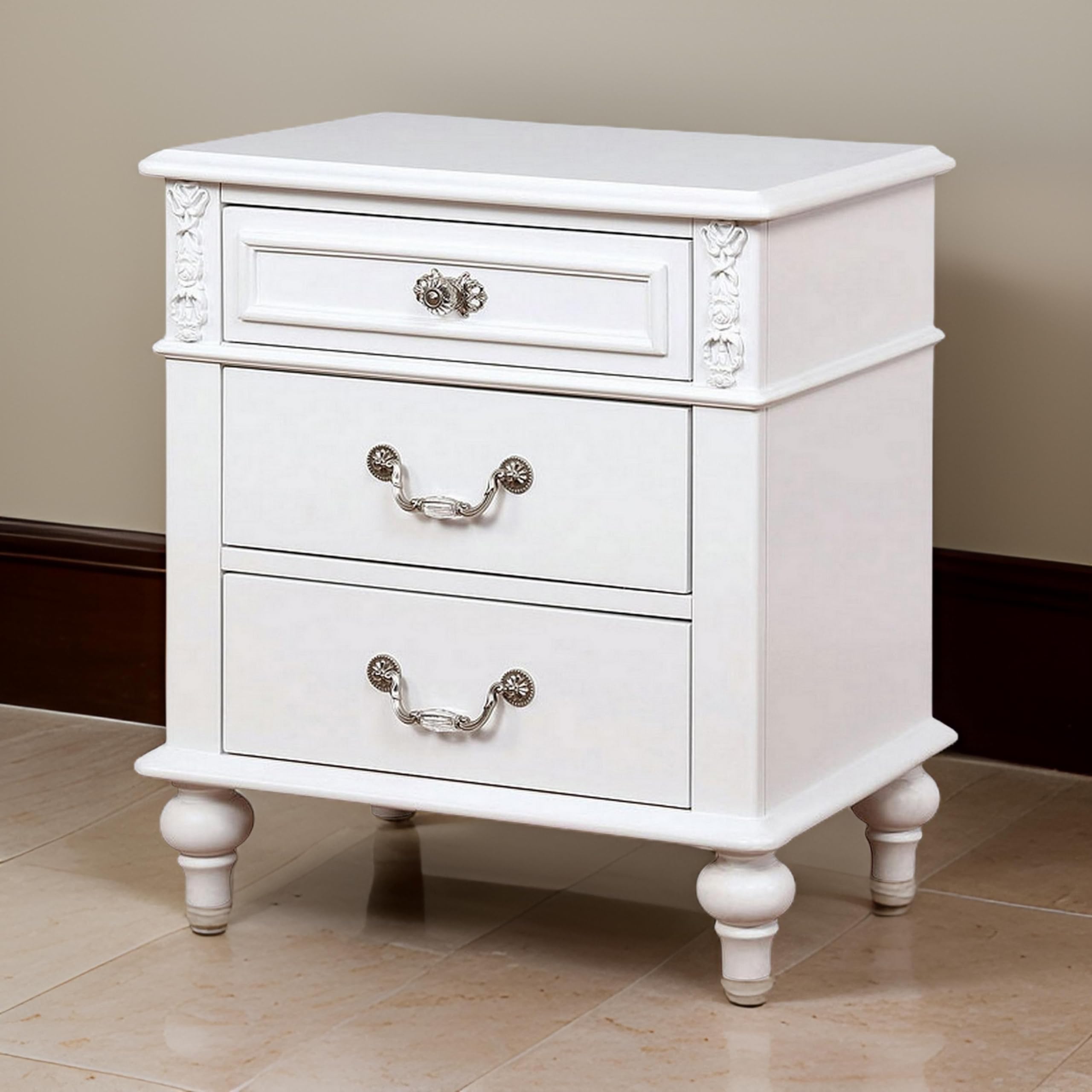 Benjara White Nightstand with 3 Drawers & Built-in USB Port - Perfect for Bedroom Storage & Charging Devices