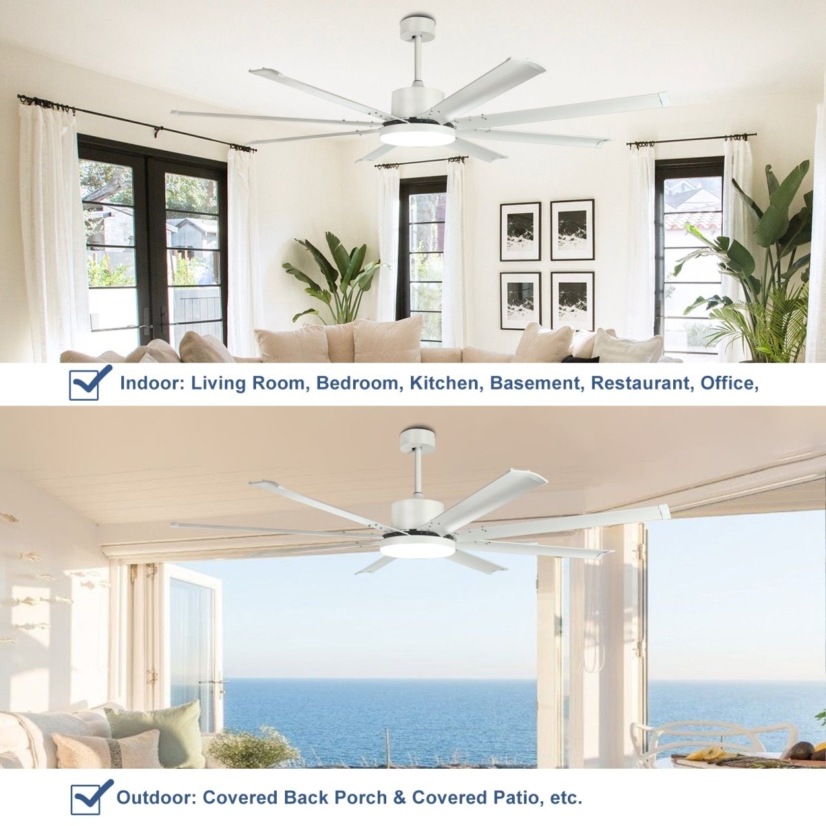 Depuley 72 Inch White Ceiling Fan with Light and Remote Control - 8 Reversible Aluminum Blades, 6 Speed Settings, 3CCT Dimmable LED - Indoor/Outdoor Industrial Ceiling Fan for Bedroom, Living Room, Patio, and Office Spaces