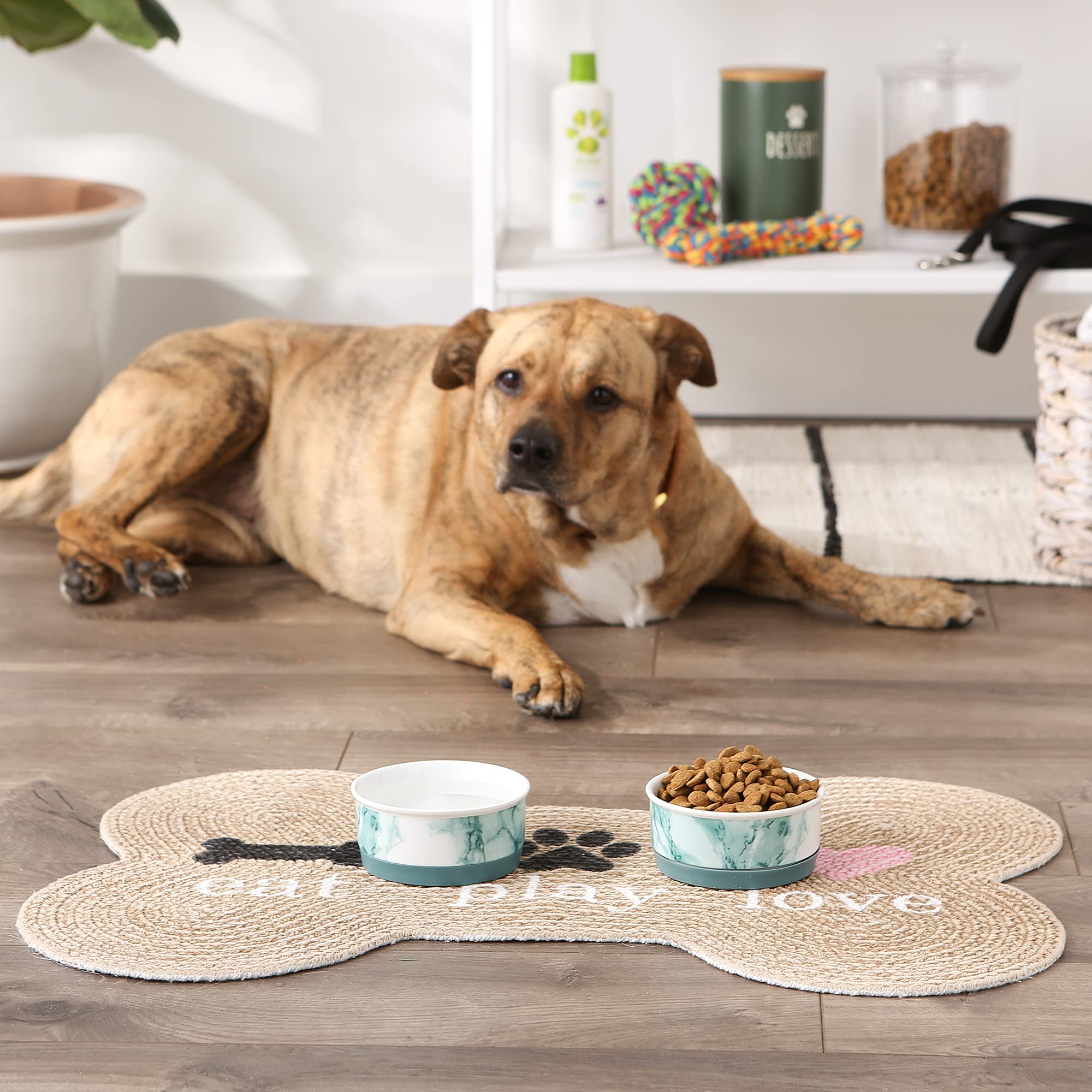 Non-Slip Ceramic Pet Bowls for Dogs & Cats - Bone Dry Marble Design, Microwave & Dishwasher Safe, Small Set (4.25x2 Inches, Teal, 2 Count) - Perfect for Food & Water Dishes at Home or Travel