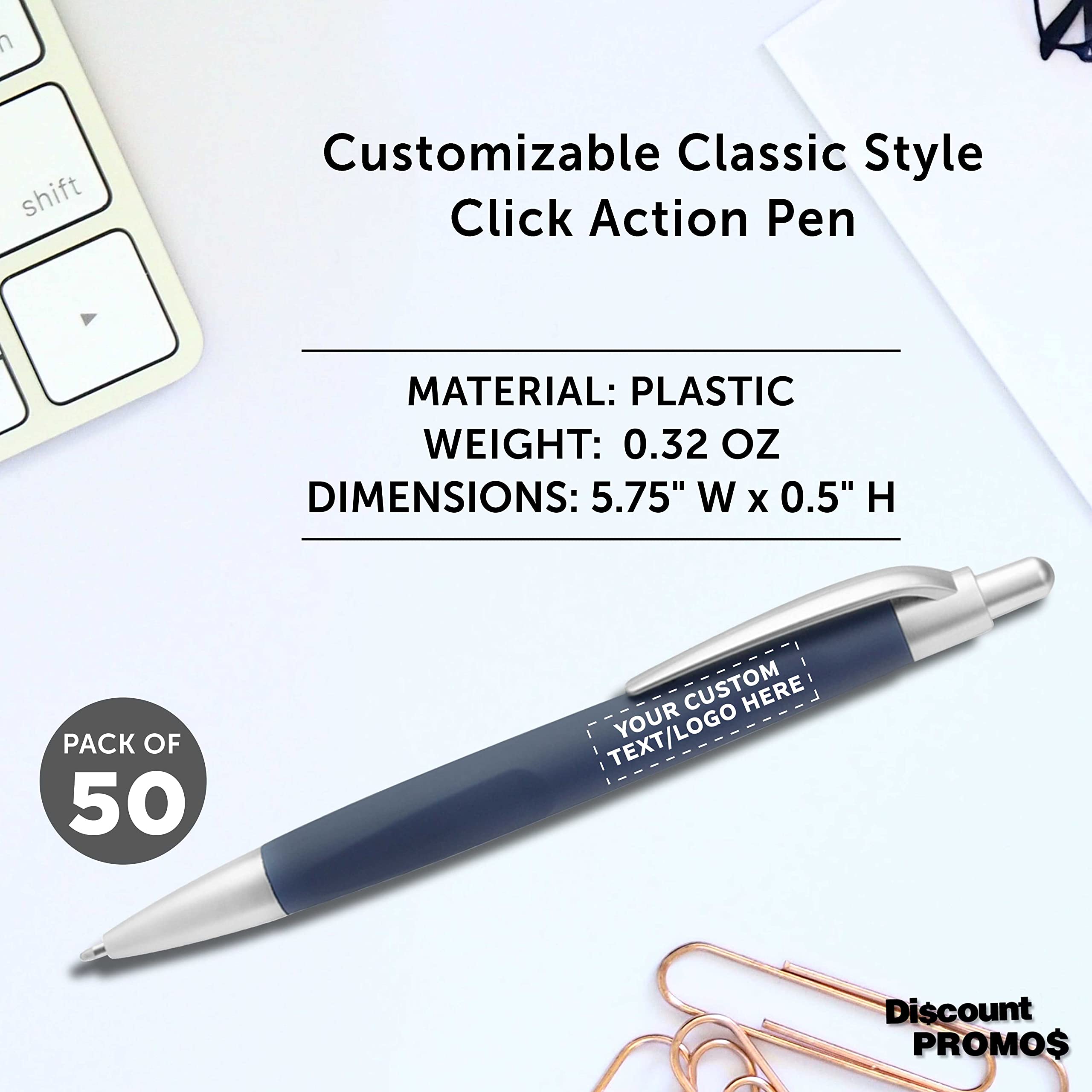 50 Pack Atlas Click Action Pens - Custom Text & Logo Printing, Black Ink, Navy Blue Plastic - Bulk Office Supplies for Business Promotions, School, and Corporate Gifting