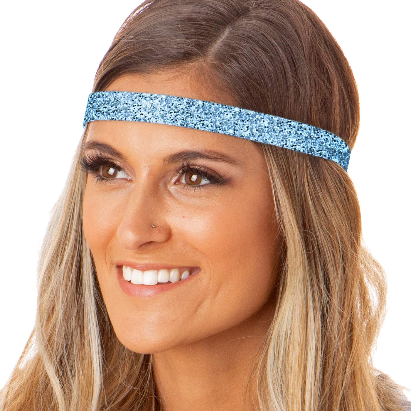 Stylish Plus Size Adjustable No-Slip Sparkly Bling Headbands 4-Pack for Women, Girls & Teens - Glitter Mixed Light Blue - Perfect for Workouts, Yoga, Sports & Everyday Fashion