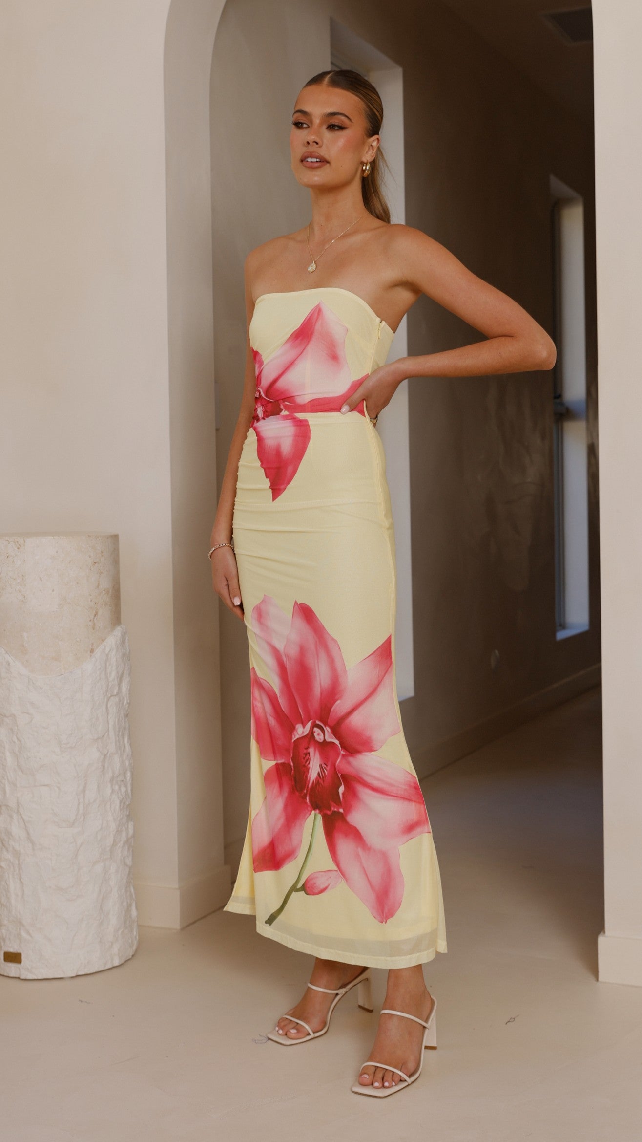Brittani Strapless Maxi Dress for Women - Flowy Summer Beach Dress in Yellow & Pink | Perfect for Vacations, Weddings & Outdoor Parties