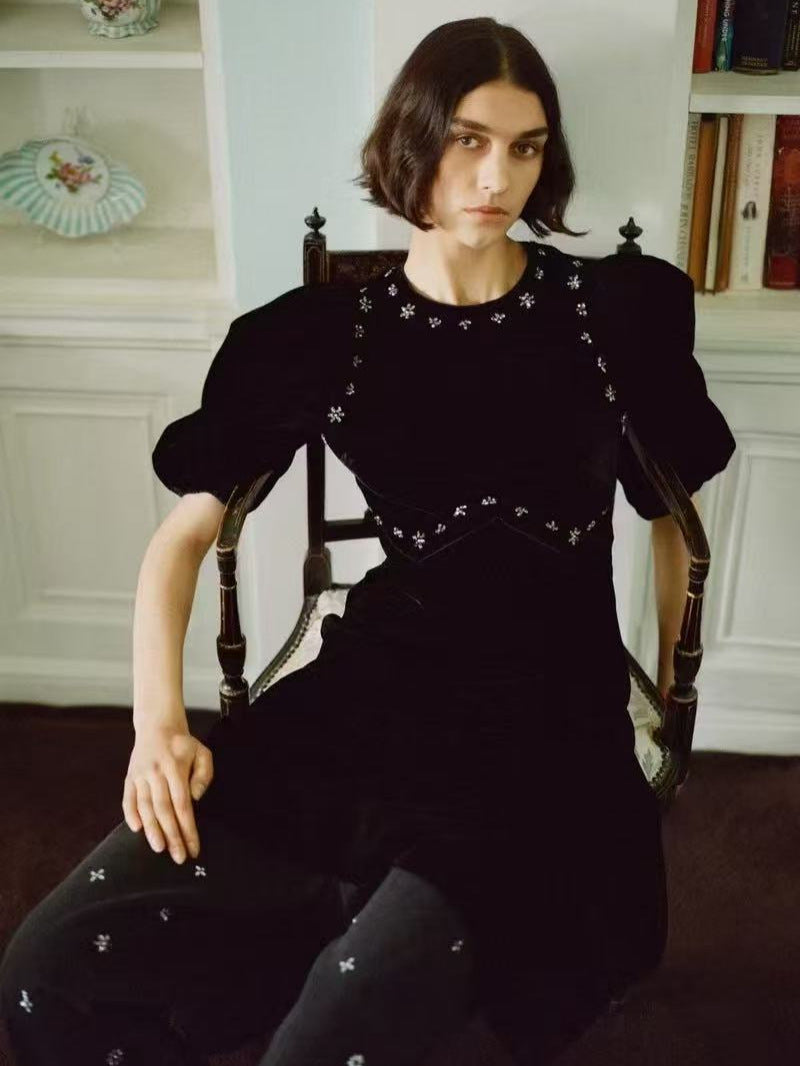 Black Crystal Embellished Puff Sleeve Midi Dress for Women - Elegant Party, Wedding & Evening Occasion Wear