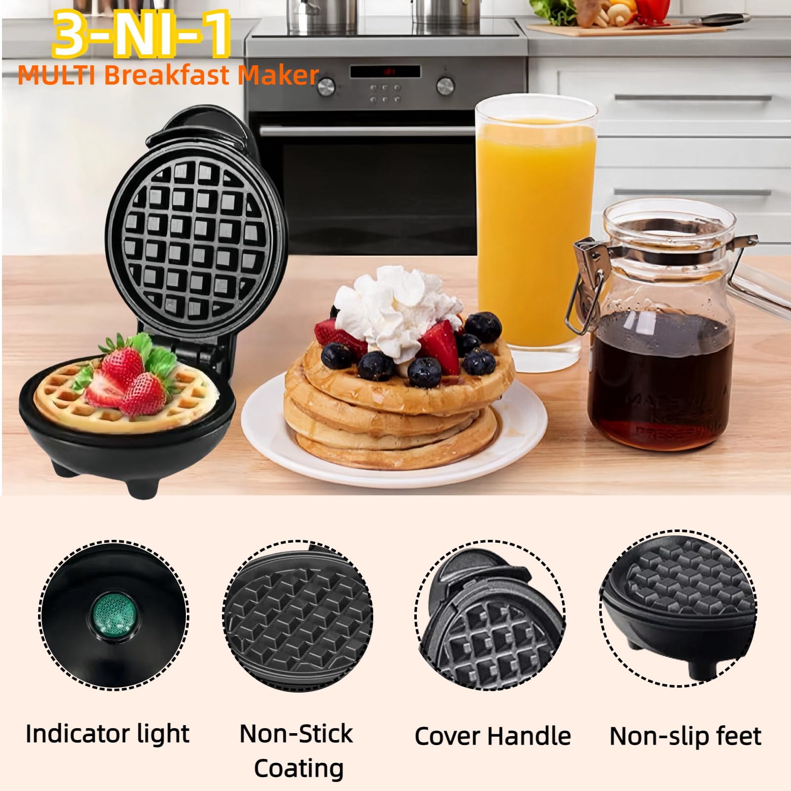 3-in-1 Mini Waffle Maker with 5 Removable Plates - Make Waffles, Donuts, Pancakes & Eggs - Compact Breakfast Appliance for Kids & Adults - Easy to Clean & Store - Perfect Holiday Gift (Black) - Ideal for Small Kitchens, Dorms, Camping & Quick Breakfasts