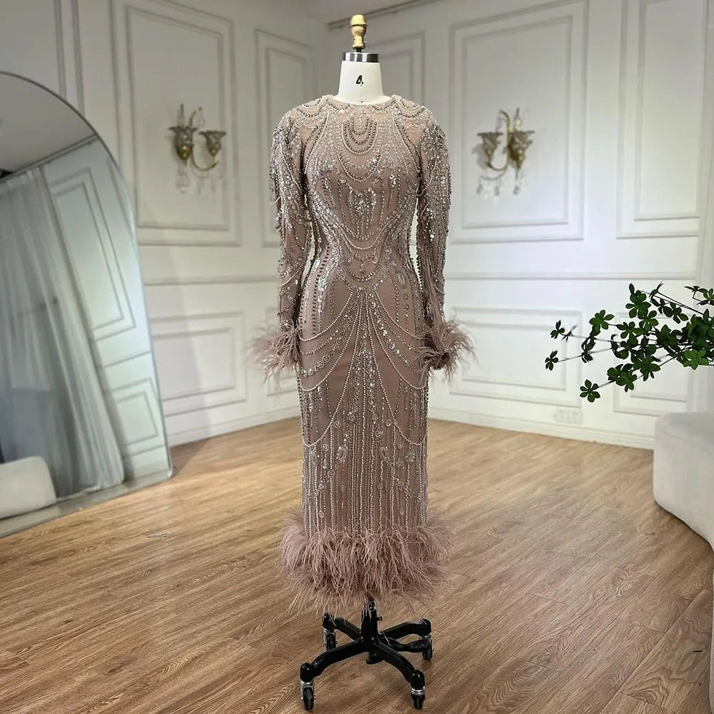 Serene Hill Bling Caramel Mermaid Arabic Evening Dress with Feather & Pearls - Women's Prom Formal Gowns for Wedding, Party & Special Occasions | Elegant LA72482 Dress for Night Out & Red Carpet Events