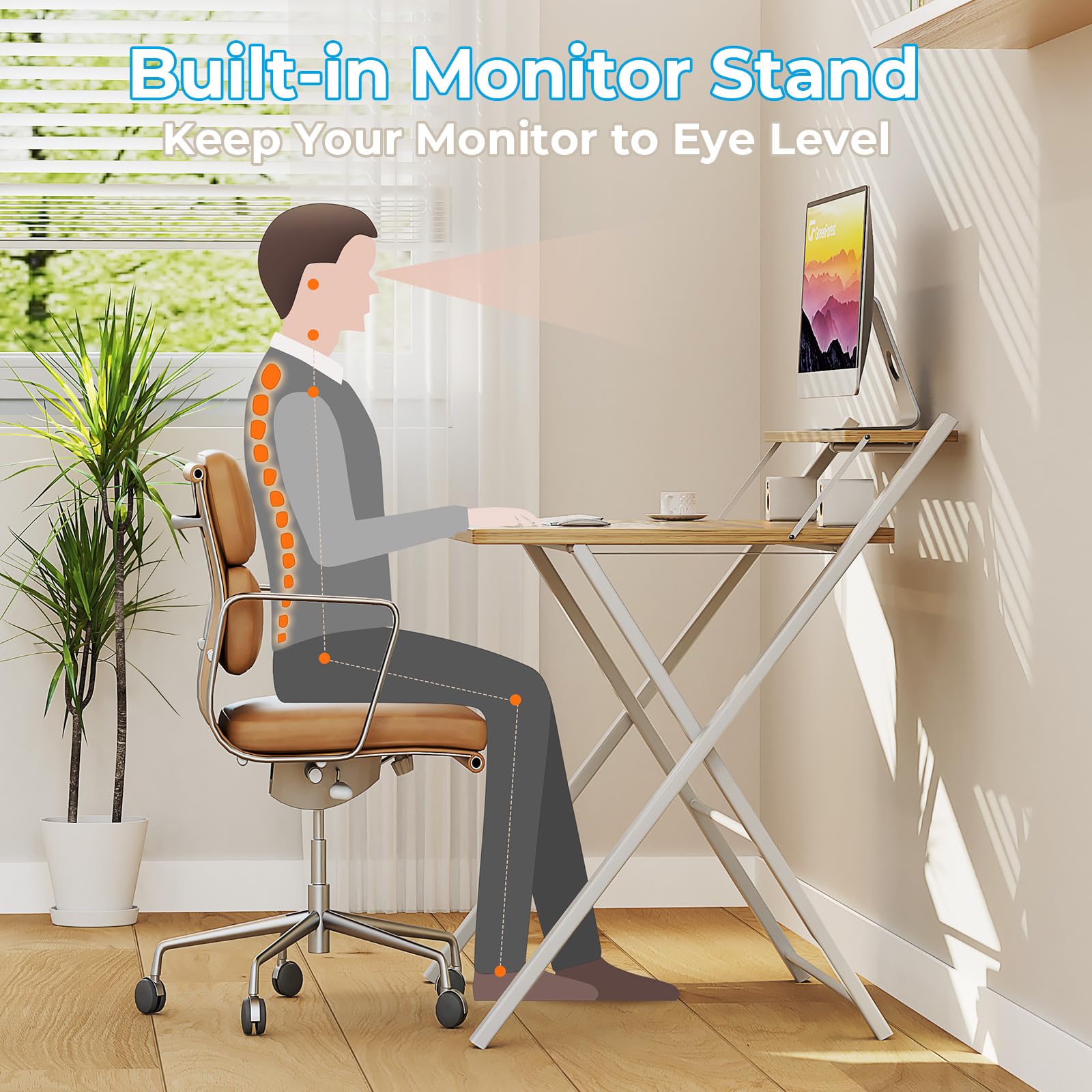 GreenForest Folding Desk - No Assembly Required Small Computer Desk with 2-Tier Shelf | Space Saving Portable Laptop Table for Home Office, Study & Small Spaces | Oak Finish | Perfect for Dorm Rooms, Apartments & Workspaces