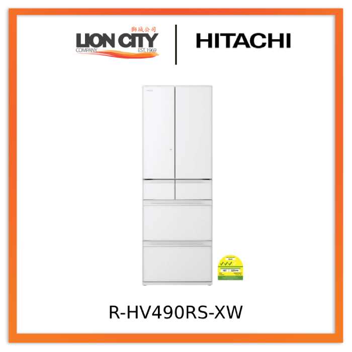Hitachi R-HV490RS XW 379L French Door Refrigerator - Energy Efficient, Spacious 4-Door Fridge for Modern Kitchen & Large Family Storage