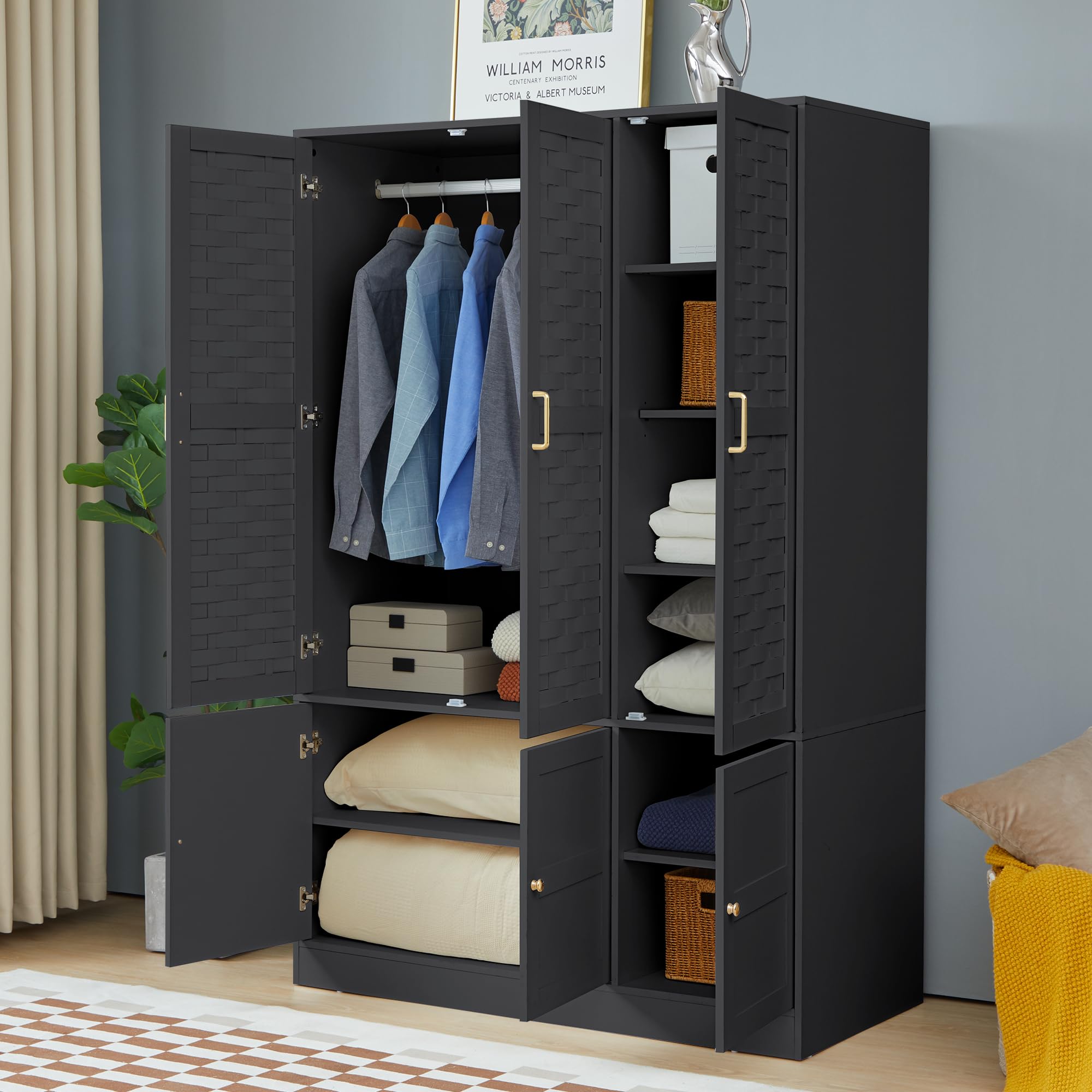 LEVNARY 6-Door Woven Wardrobe Closet - Walnut Armoire Cabinet with Adjustable Shelves & Hanging Rail | High-Capacity Freestanding Bedroom Storage | Perfect for Small Spaces & Apartment Organization (Black)