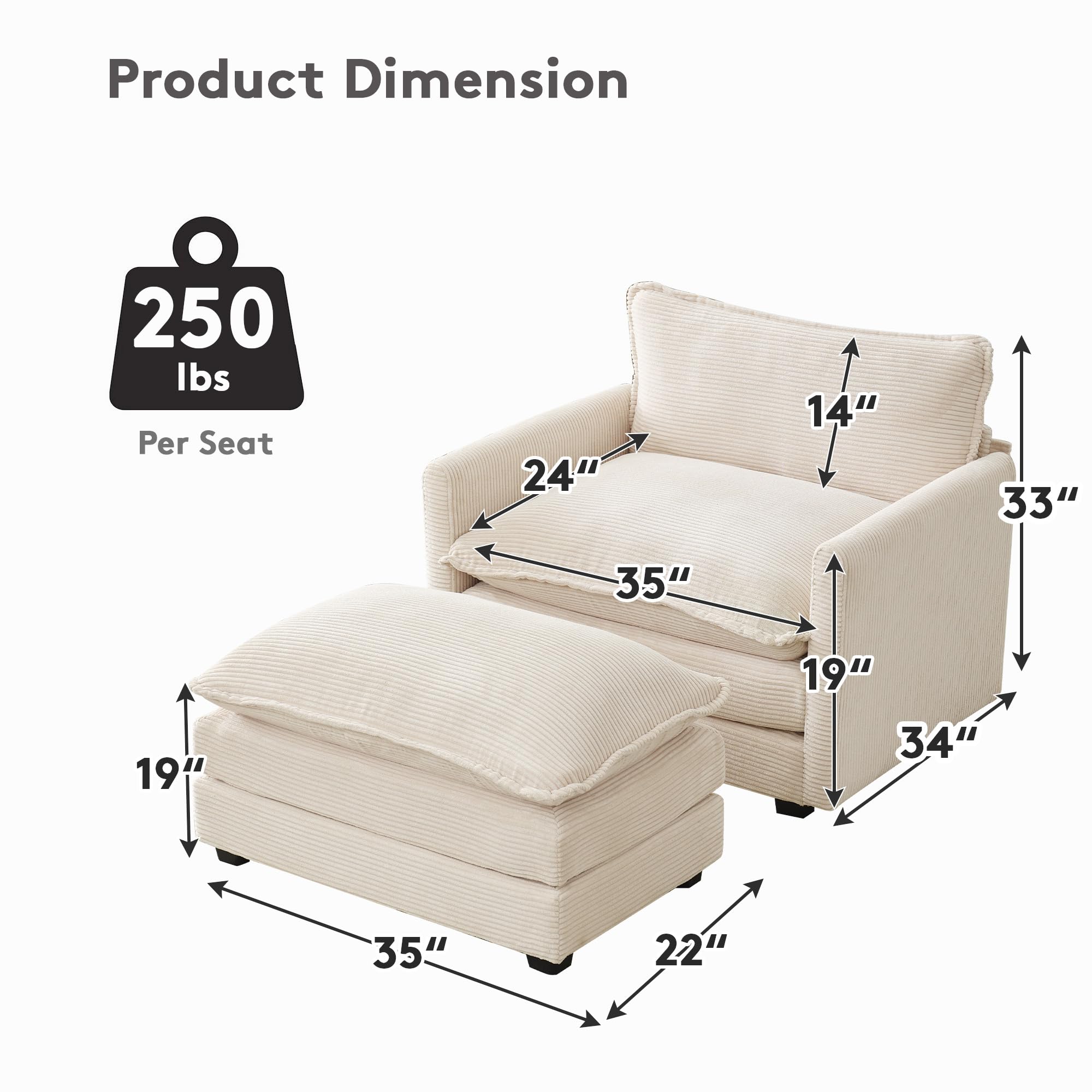 Convertible Sectional Sofa with Ottoman - Corduroy Upholstered Living Room Couch Set with Chaise Lounge, Modern Beige Furniture for Small Spaces | Perfect for Apartments, Family Rooms & Cozy Home Decor