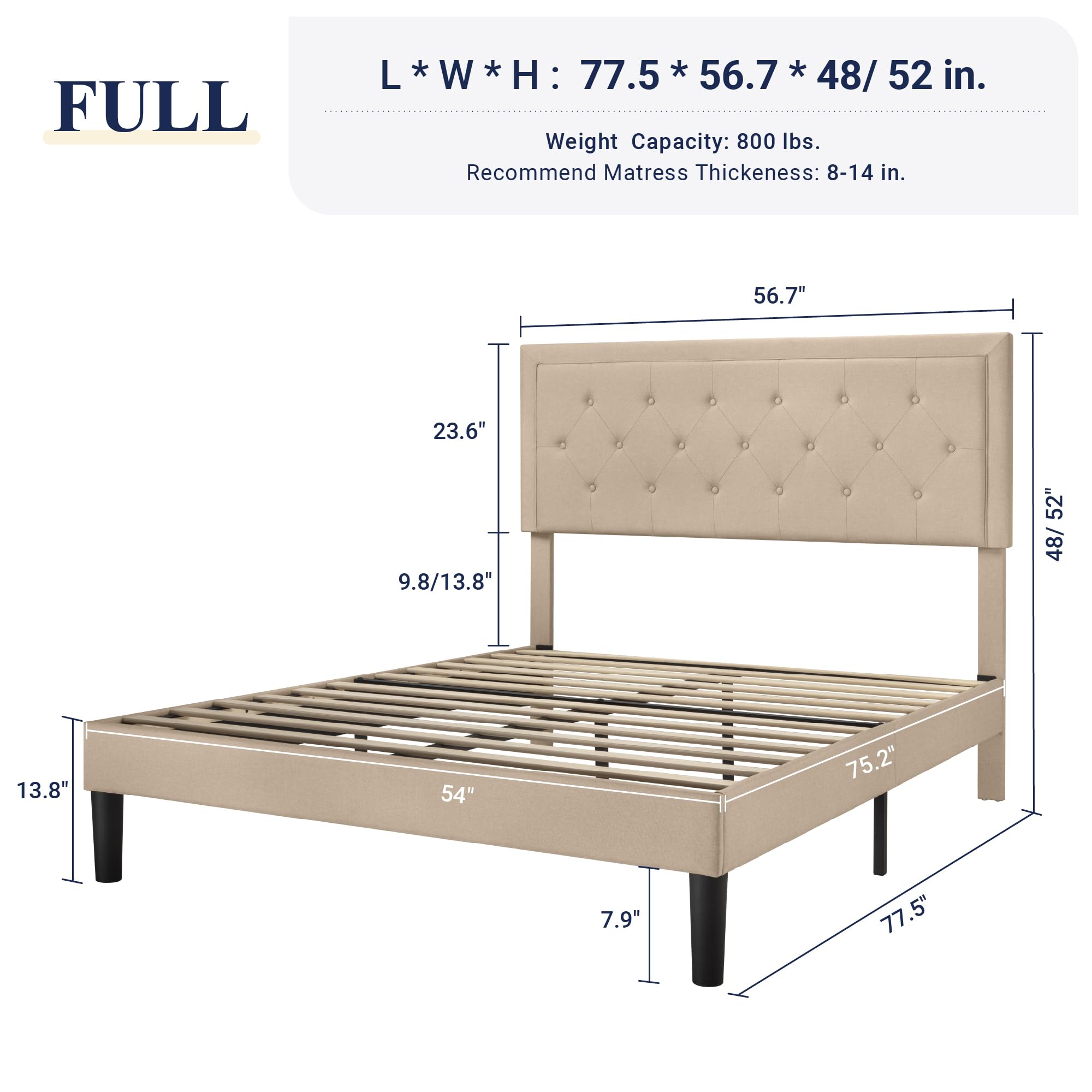 Allewie Full Size Button Tufted Fabric Upholstered Bed Frame with Adjustable Headboard, Wood Slat Support & Mattress Foundation in Beige - Perfect for Master Bedrooms, Guest Rooms & Modern Home Decor