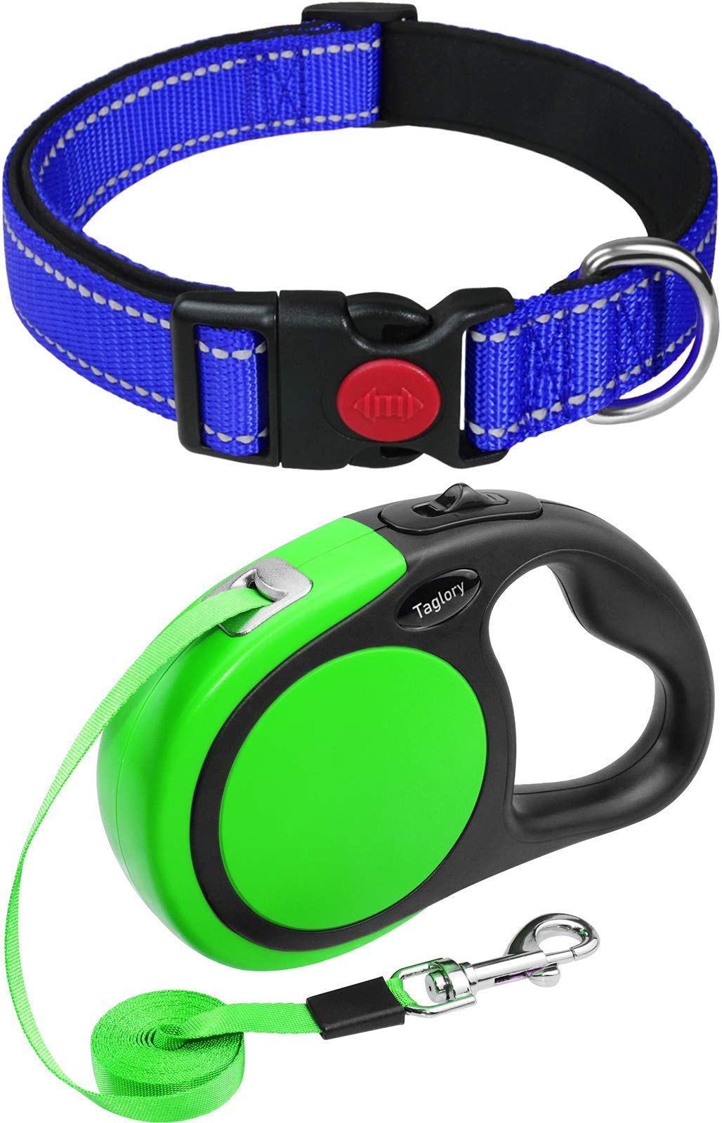Taglory Reflective Nylon Padded Dog Collar & Retractable Leash Bundle - 10