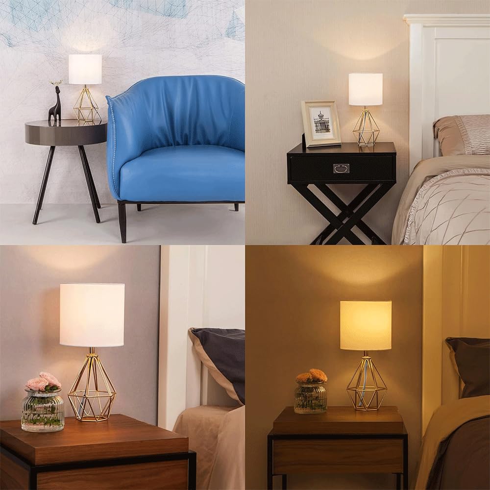 Modern Gold Hollow Out Base Bedside Table Lamp with Geometric Metal Base & White Fabric Shade - Elegant Nightstand Lamp for Bedroom, Kids Room & Living Room - Perfect for Reading, Decor & Ambient Lighting
