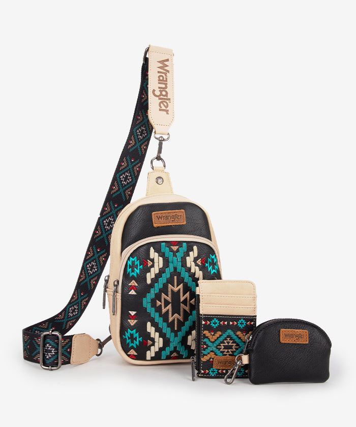 Wrangler Aztec Embroidered Whipstitch Sling Bag - Stylish Crossbody Purse for Women, Men | Perfect for Travel, Hiking & Everyday Use