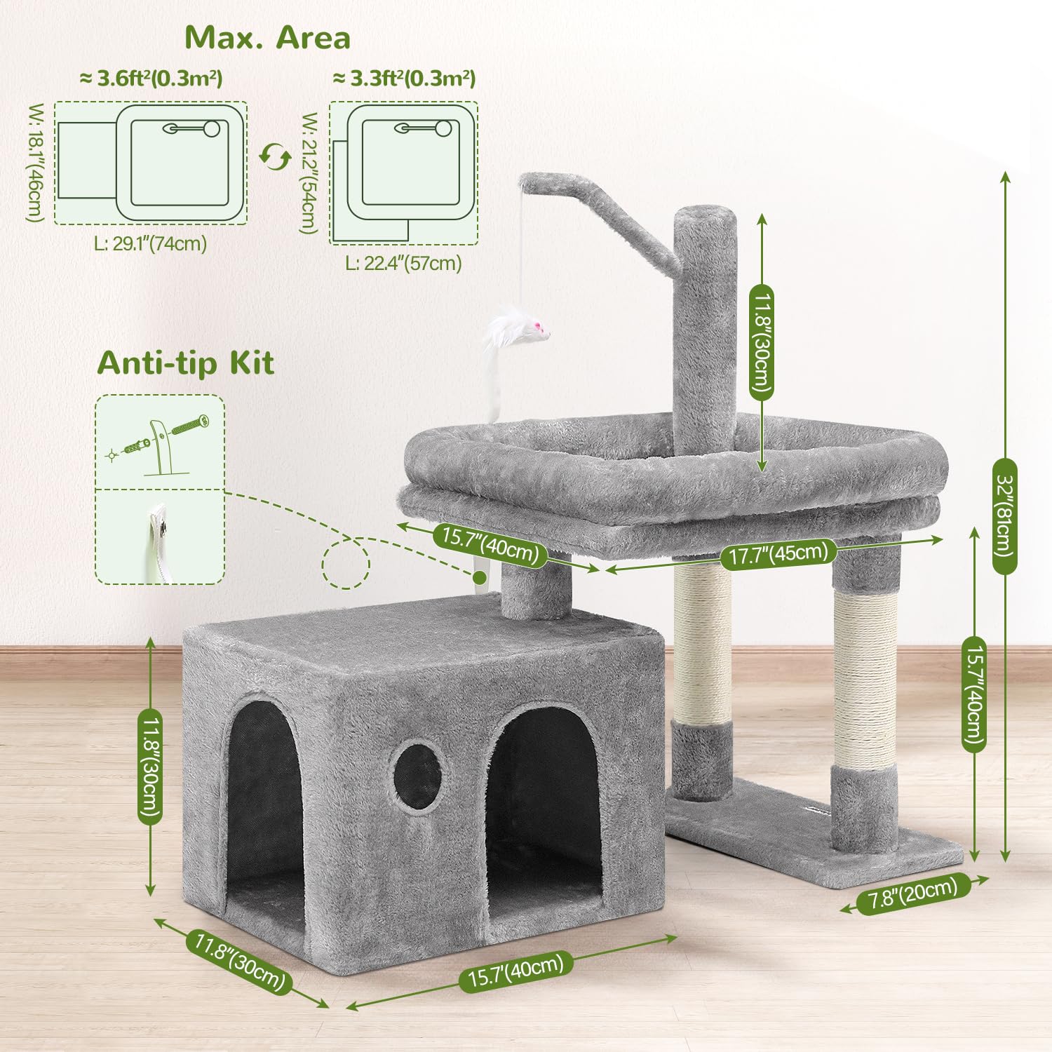 F32 Small Cat Tree for Large Indoor Cats - Sturdy Short Cat Tower with Extra-Large Padded Platform, Senior Cat Tree & Condo for Adult Cats & Kittens (Light Grey) - Perfect for Apartments, Living Rooms & Pet-Friendly Spaces