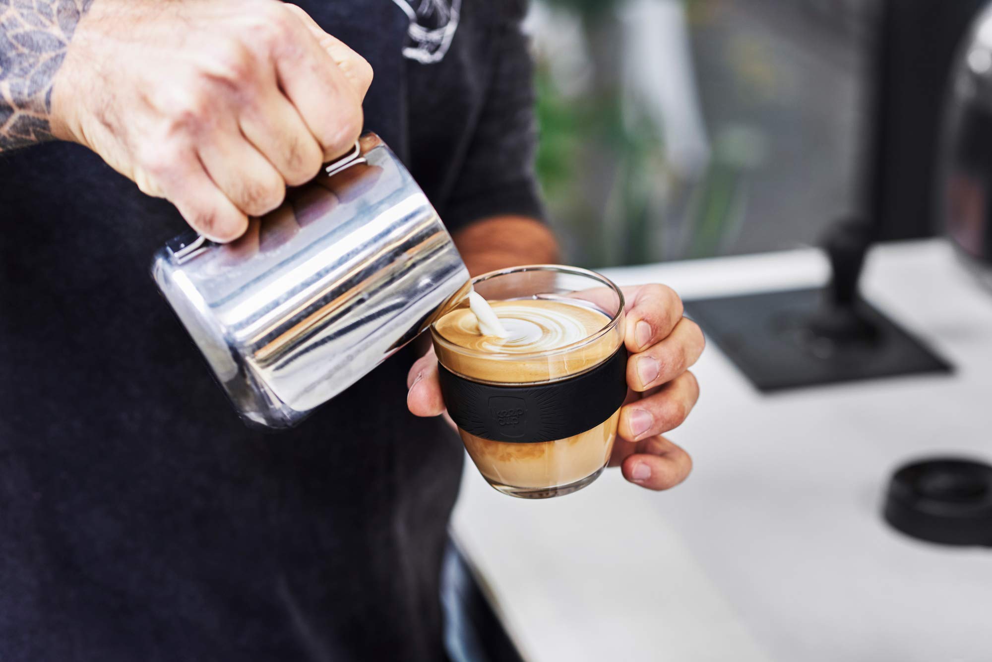 KeepCup 12oz Reusable Coffee Cup - Eco-Friendly Toughened Glass Travel Mug with Non-Slip Silicone Band, 12-Ounce Medium Size in Black | Perfect for Office, Commuting & Outdoor Activities