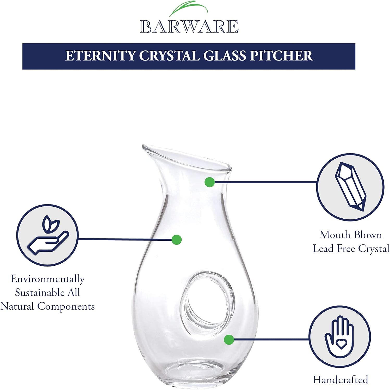 Badash Eternity 28oz Lead-Free Crystal Glass Pitcher - Hand Blown European Style for Water, Wine, Iced Tea, Juice & Lemonade | Elegant Barware & Home Entertaining Essential