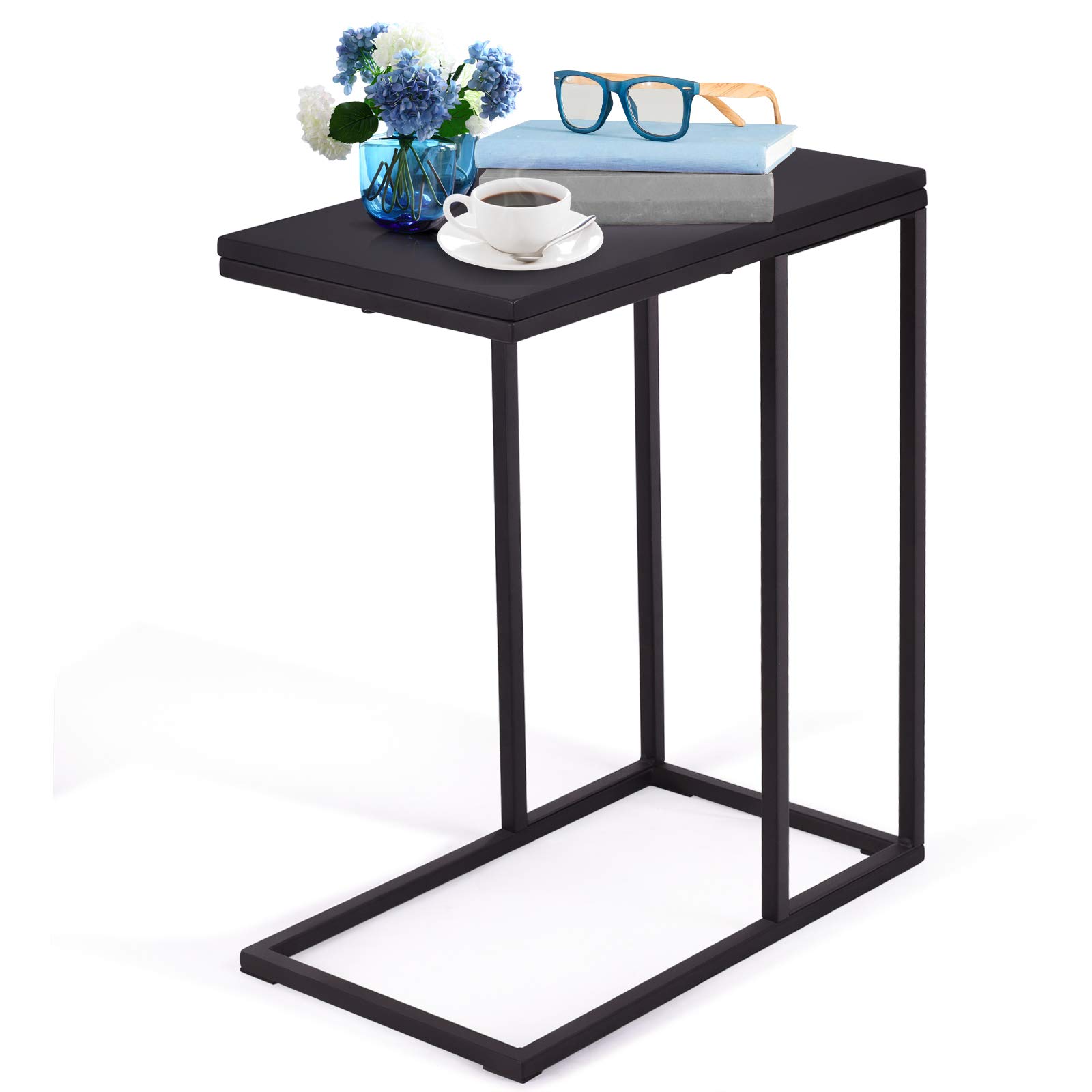 LDAILY C-Shaped Side Table - Vintage Metal End Table with Coffee Tray for Sofa, Couch & Bed - Portable Snack Table for Living Room & Bedroom - Black - Perfect for Reading, Working, or Snacking in Bed or on the Couch