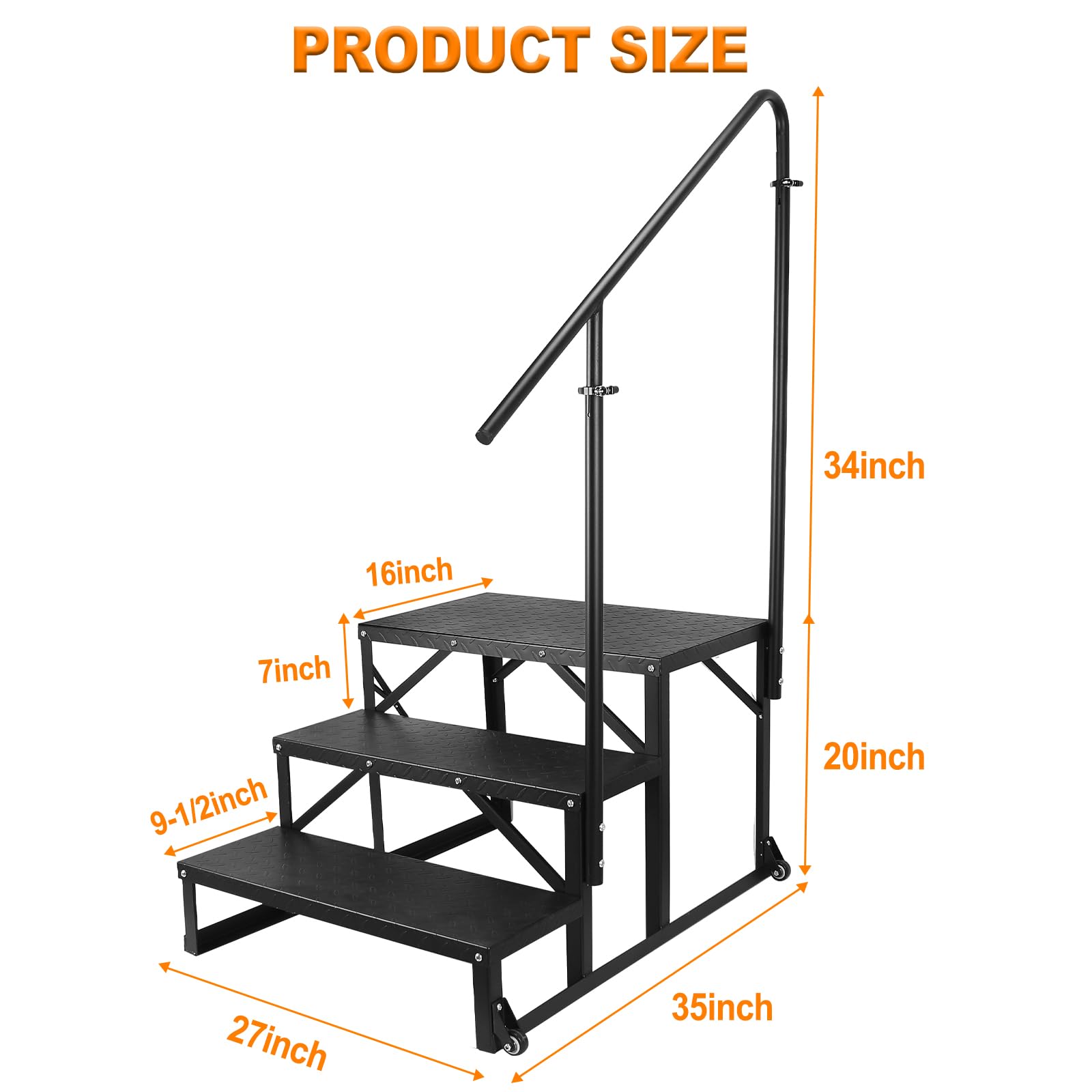 3 Step RV Stairs with Handrail - Adjustable Height, Non-Slip Tread & Wheels - Portable Steps for RV, Hot Tub, Camper, Trailer - Outdoor Use for Easy Access & Safety