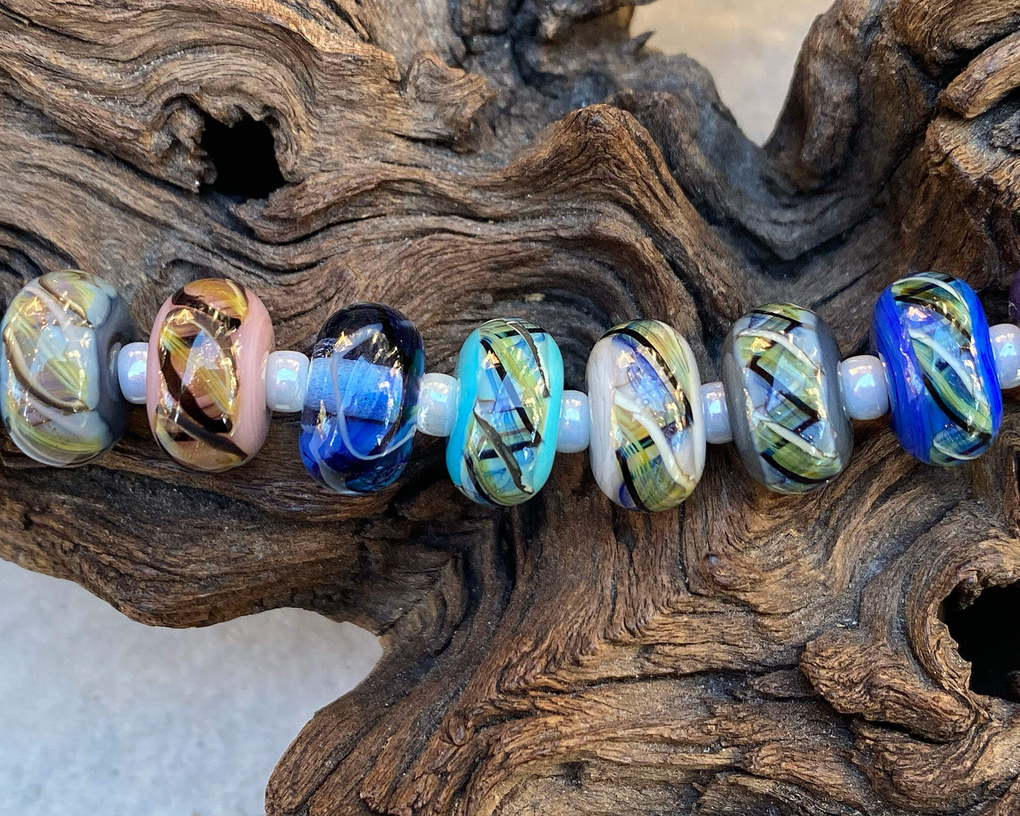 15 Blue Plaid Striations Lampwork Glass Beads Set for Jewelry Making - DIY Bracelets, Necklaces & Craft Projects - SRA Certified