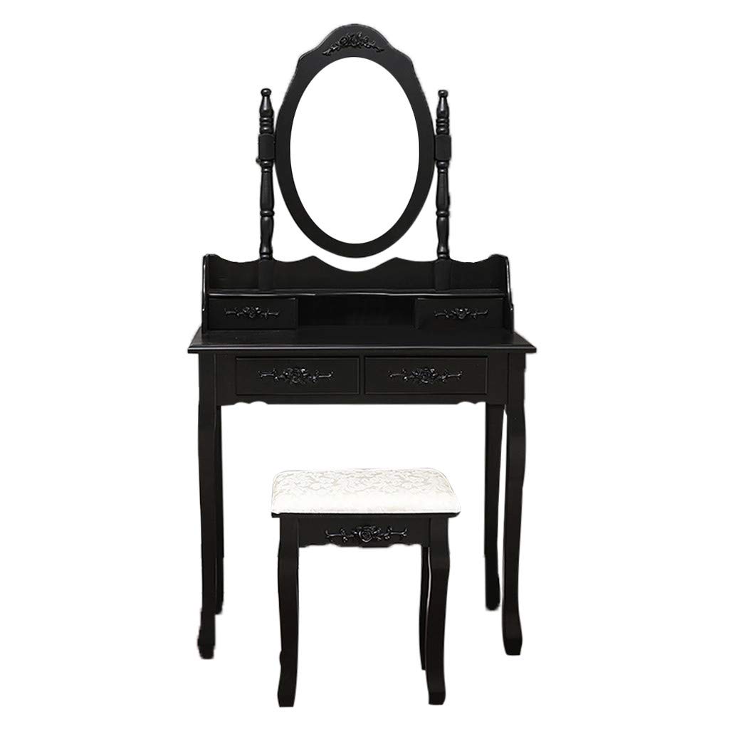 ZYUPUP Vanity Table Set with Oval Mirror & Stool - 4 Drawer Wooden Dressing Table for Bedroom (Black) | Perfect for Makeup, Jewelry Storage & Home Decor