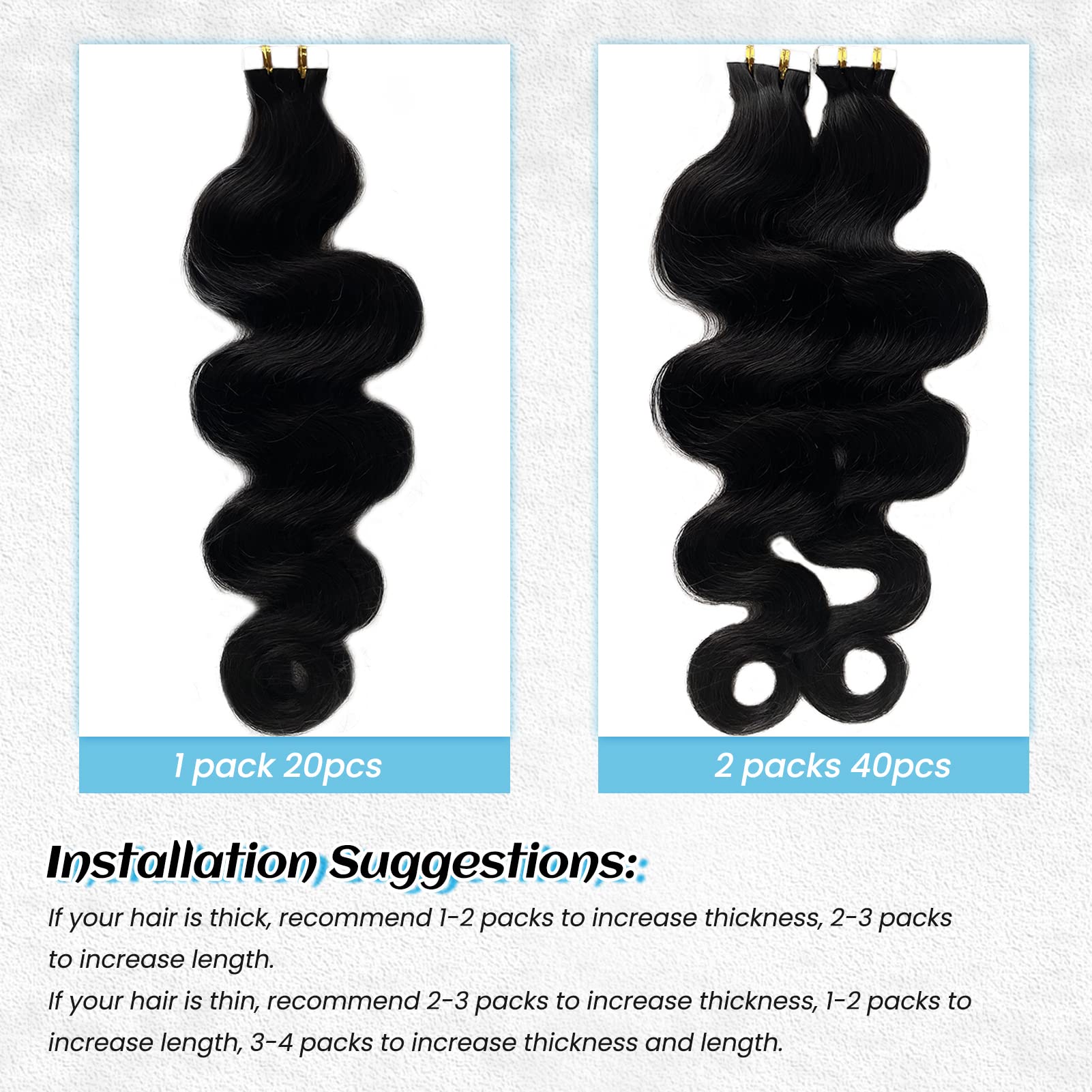 Natural Black Tape in Hair Extensions 24 Inch Body Wave Remy Human Hair - 50g/pack 20pcs #1B Wavy Tape Ins for Black Women - Perfect for Daily Styling, Parties & Special Occasions