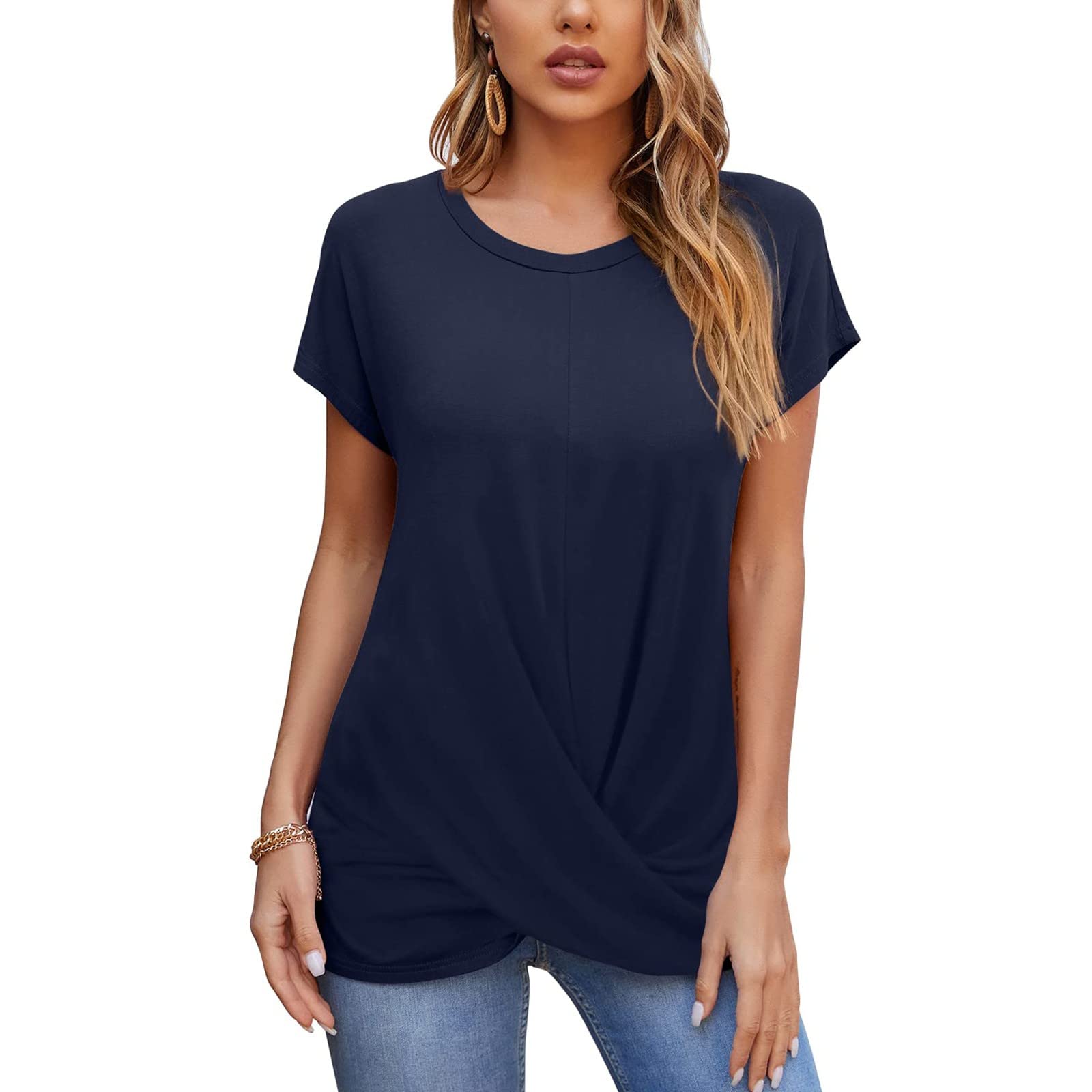 Women's Short Sleeve T-Shirts - Summer Casual Loose Tunic Tops with Front Twist Detail | Trendy Basic Tee for Work & Everyday Wear | Comfortable Ladies Blouse for Office, Outings & Relaxation