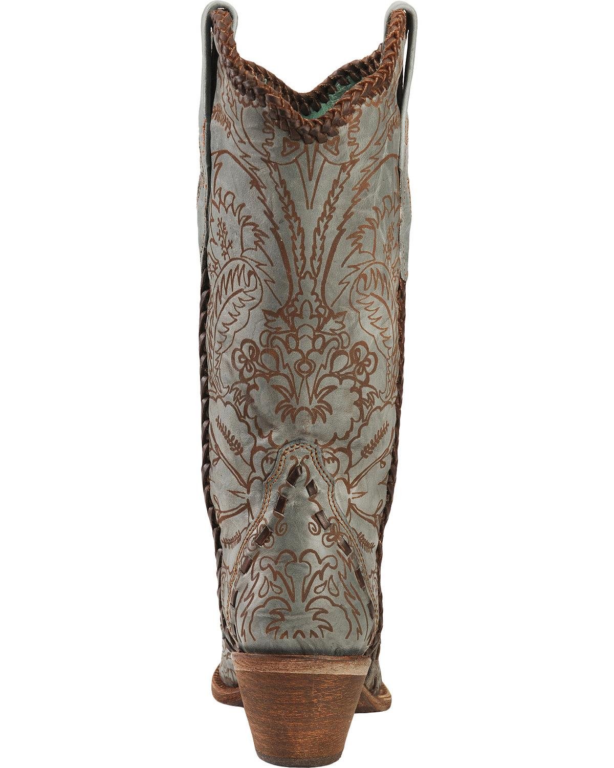 Women's Turquoise Engraved Lace Green Leather Cowgirl Boots - Size 8.5 M - Western Style Corral Boots for Country Dancing, Rodeo & Fashion Outfits