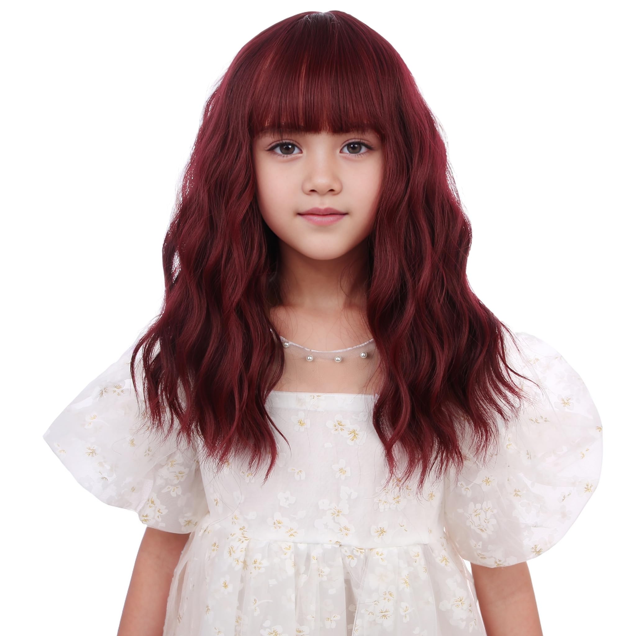 Kids Wine Red Short Wavy Curly Wig with Bangs - Synthetic Cosplay Hair Wig for Children | Perfect for Halloween, Costume Parties & Dress-Up Play