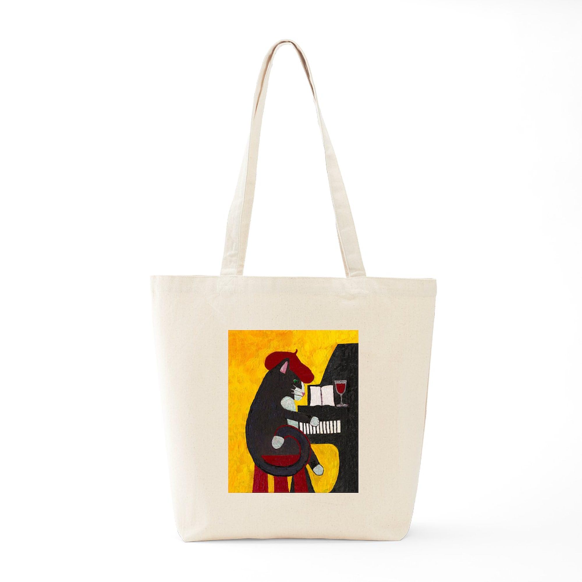 Stylish Tuxedo Cat & Piano Canvas Tote Bag - Eco-Friendly Reusable Shopping Bag for Groceries, Beach & Work | Durable Natural Cotton Carryall