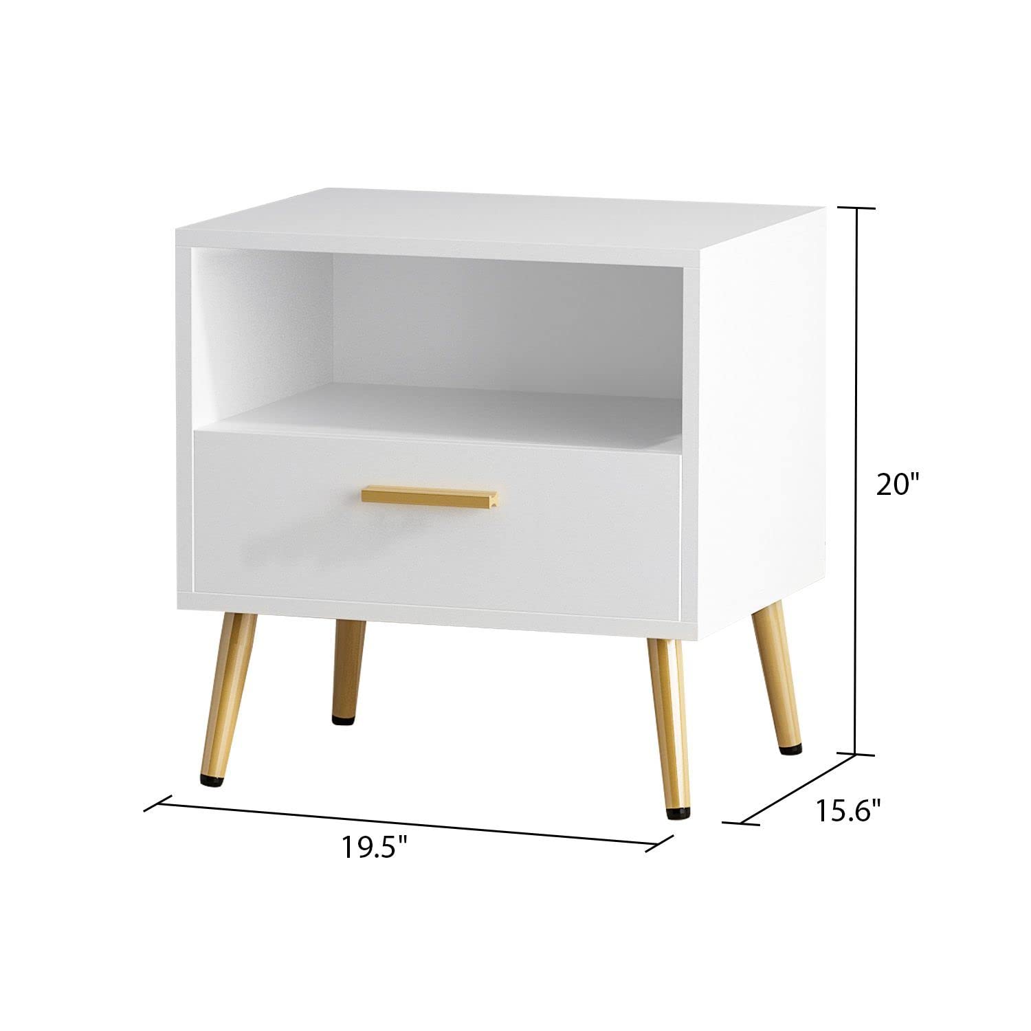 FAMAPY Set of 2 Modern Nightstands with Drawer & Open Shelf, White End Tables with Gold Metal Legs - 19.5