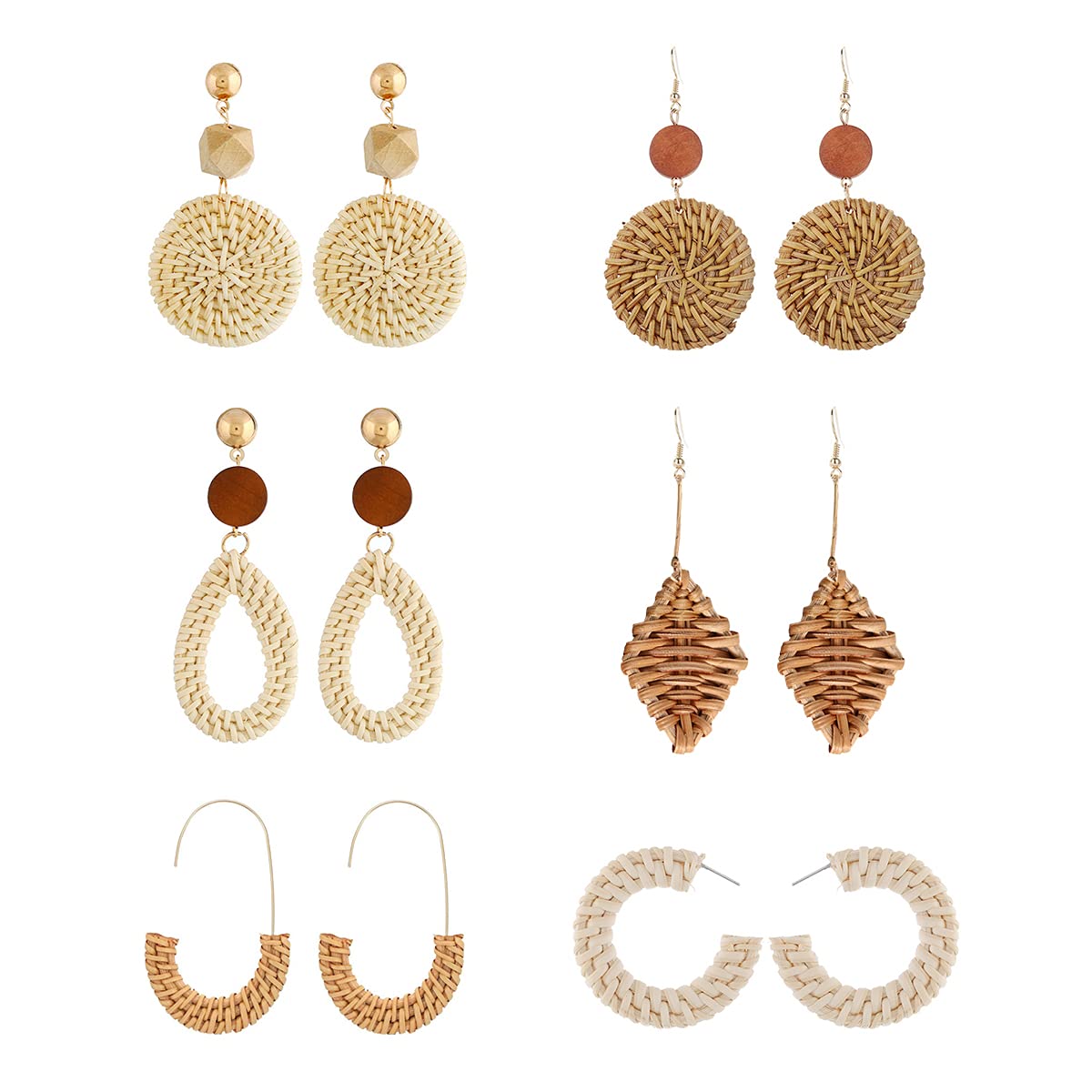 Dawoowoo 6 Pairs Handmade Bohemian Rattan Earrings for Women - Lightweight Woven Wicker Geometric Statement Earrings | Perfect for Summer Festivals, Beach Vacations & Boho Fashion