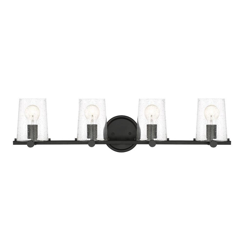 DESIGNERS FOUNTAIN 95804-MB Matteson 4-Light Bathroom Vanity Light Bar - Matte Black Finish with Clear Seedy Glass Shades - Perfect for Bathroom, Powder Room & Spa Lighting