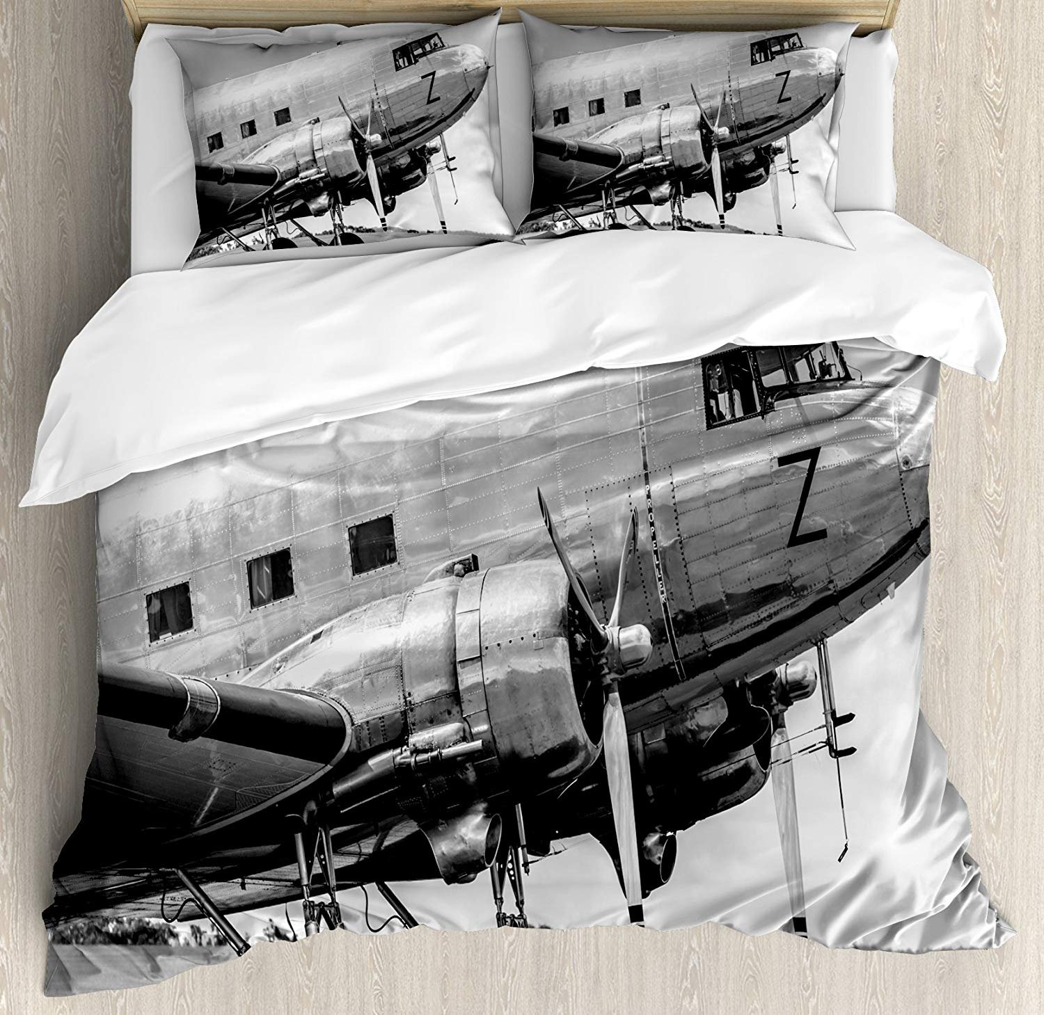 Vintage Airplane 3-Piece Bedding Set - Full Size Duvet Cover with 2 Pillow Shams | Retro Airliner Cockpit & Propeller Design | Perfect for Aviation Enthusiasts & Themed Bedrooms