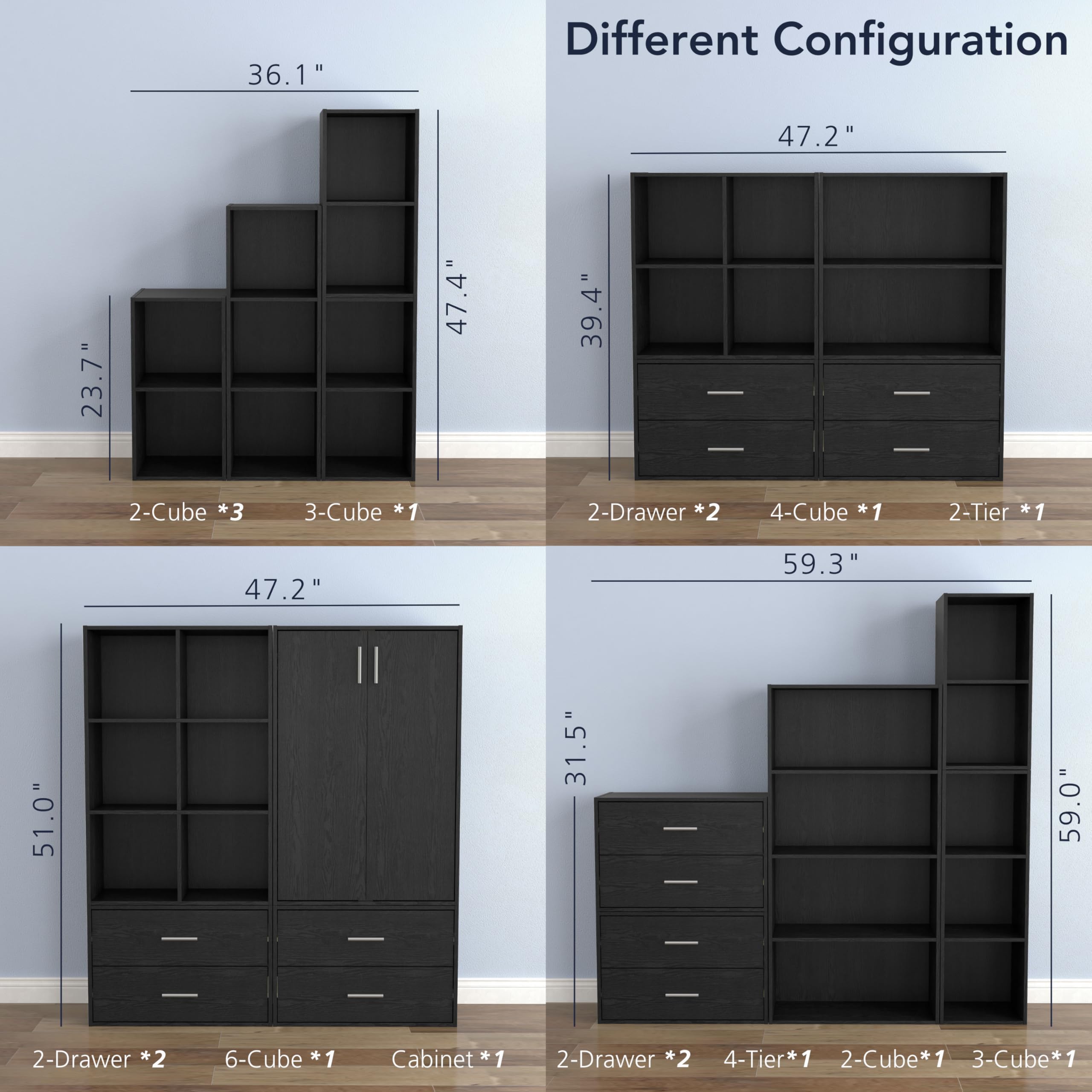 Apexa 2 Cube Storage Organizer Shelves - Stackable Wood Bookcase with Cubby Bins for Home Organization | Dorm Room, Teen Bedroom & Home Office Decor | Perfect for Books, Toys & Storage Bins (Black)