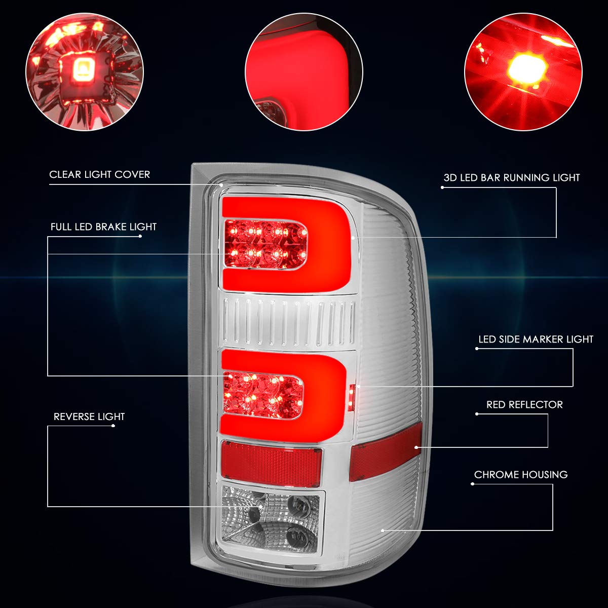 PM PERFORMOTOR 3D LED C-Shape Tail Lights Brake Lamp Assembly - Compatible with 2007-2014 GMC Sierra (Chrome Housing/Clear Lens) - Enhanced Visibility & Style for Night Driving & Custom Truck Upgrades