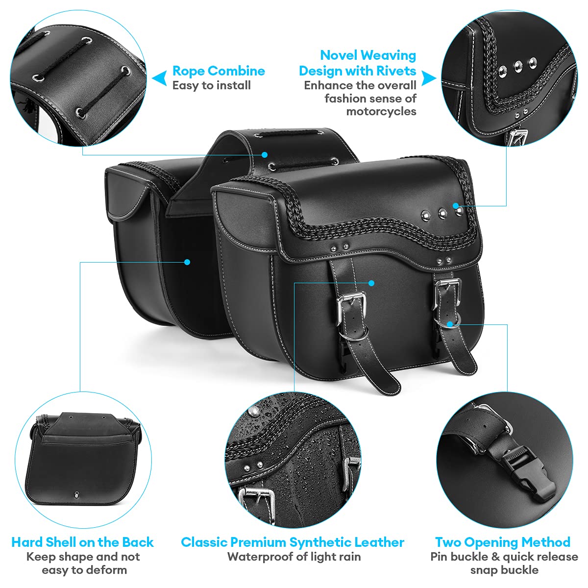 Premium Synthetic Leather Motorcycle Saddlebags - Universal Waterproof Side Bags for Harley Sportster, Vulcan, Shadow, Softail, Dyna & V-Star - Durable Storage Tool Bag (Black, Style A) - Perfect for Long Rides, Road Trips & Daily Commuting